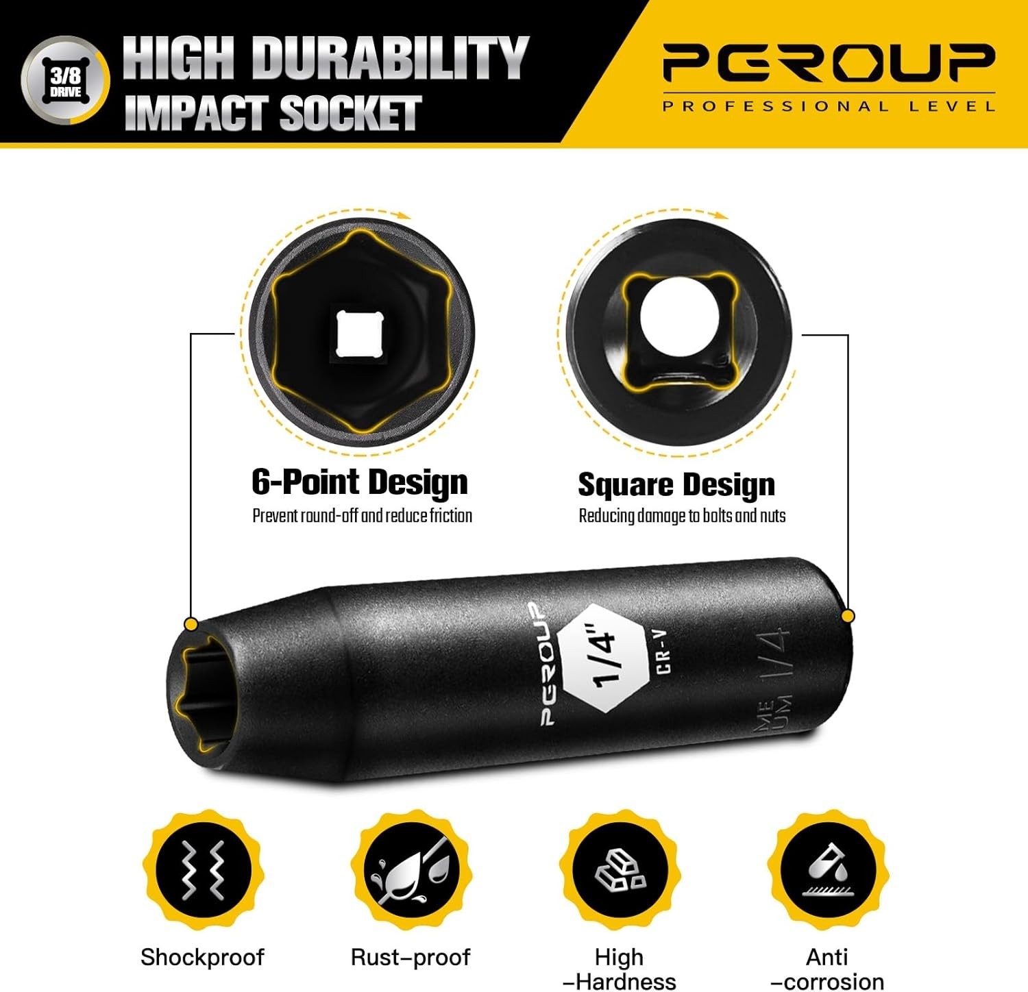 SAE 1/4» Deep Impact Socket – Chrome Vanadium, Black Manganese Coating