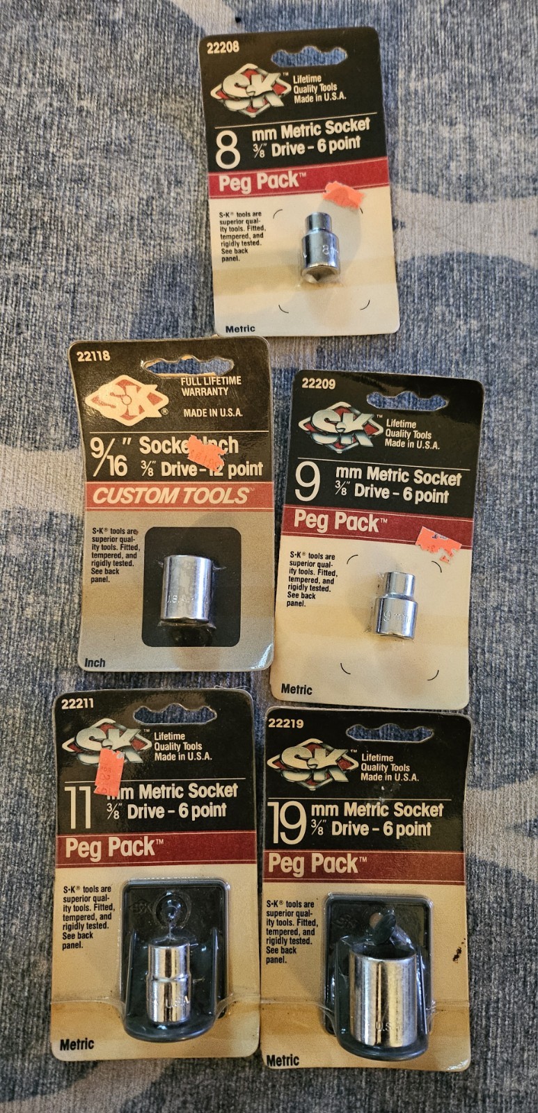S-K 3/9″ Dr Sockets (5) New Old Stock 8mm, 9mm, 11mm, 19mm, 9/16