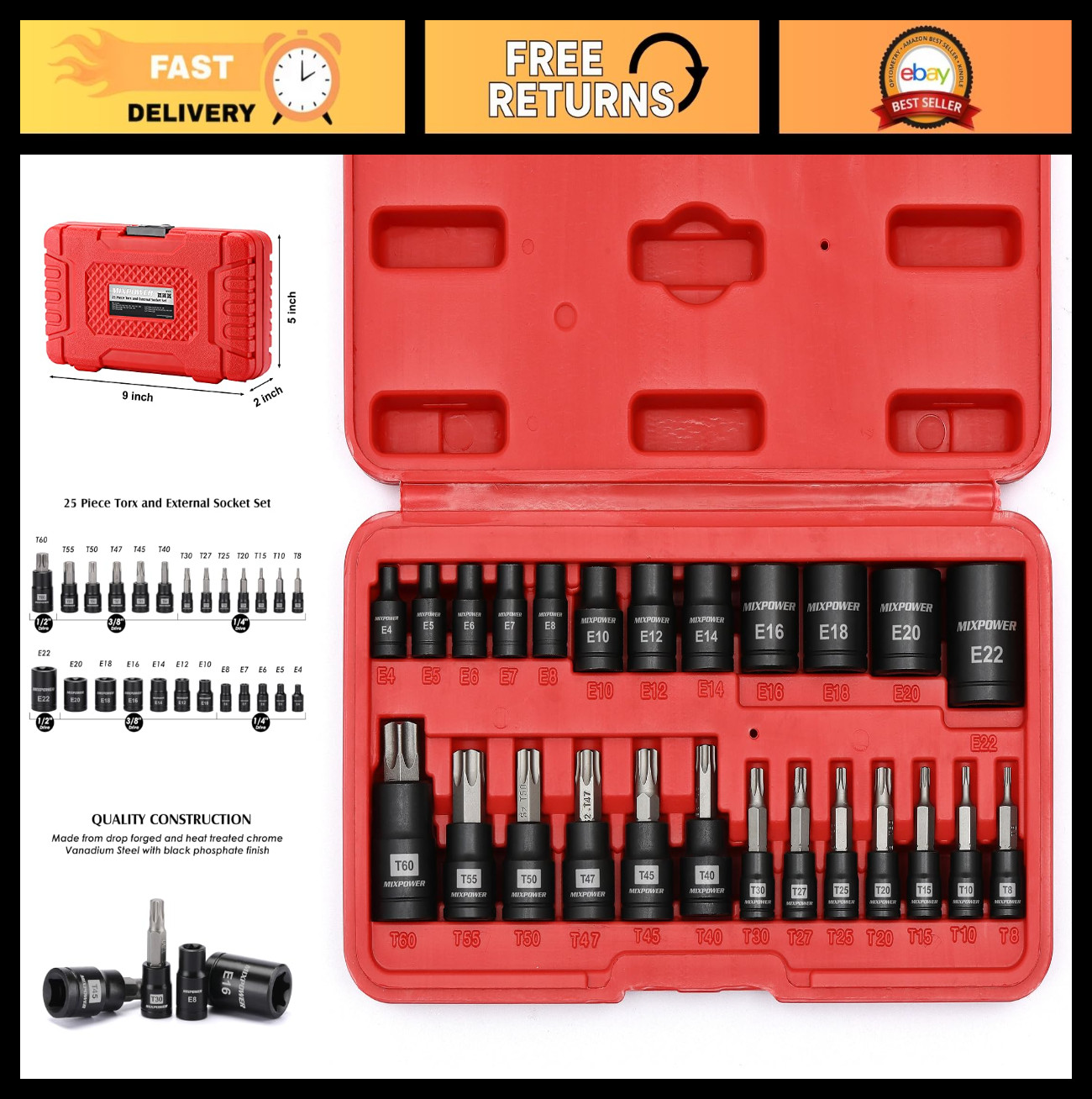 25-Piece Torx Bit & Socket Set – 13 Star Bits (T8-T60) + 12 E-Torx Sockets (E4-E