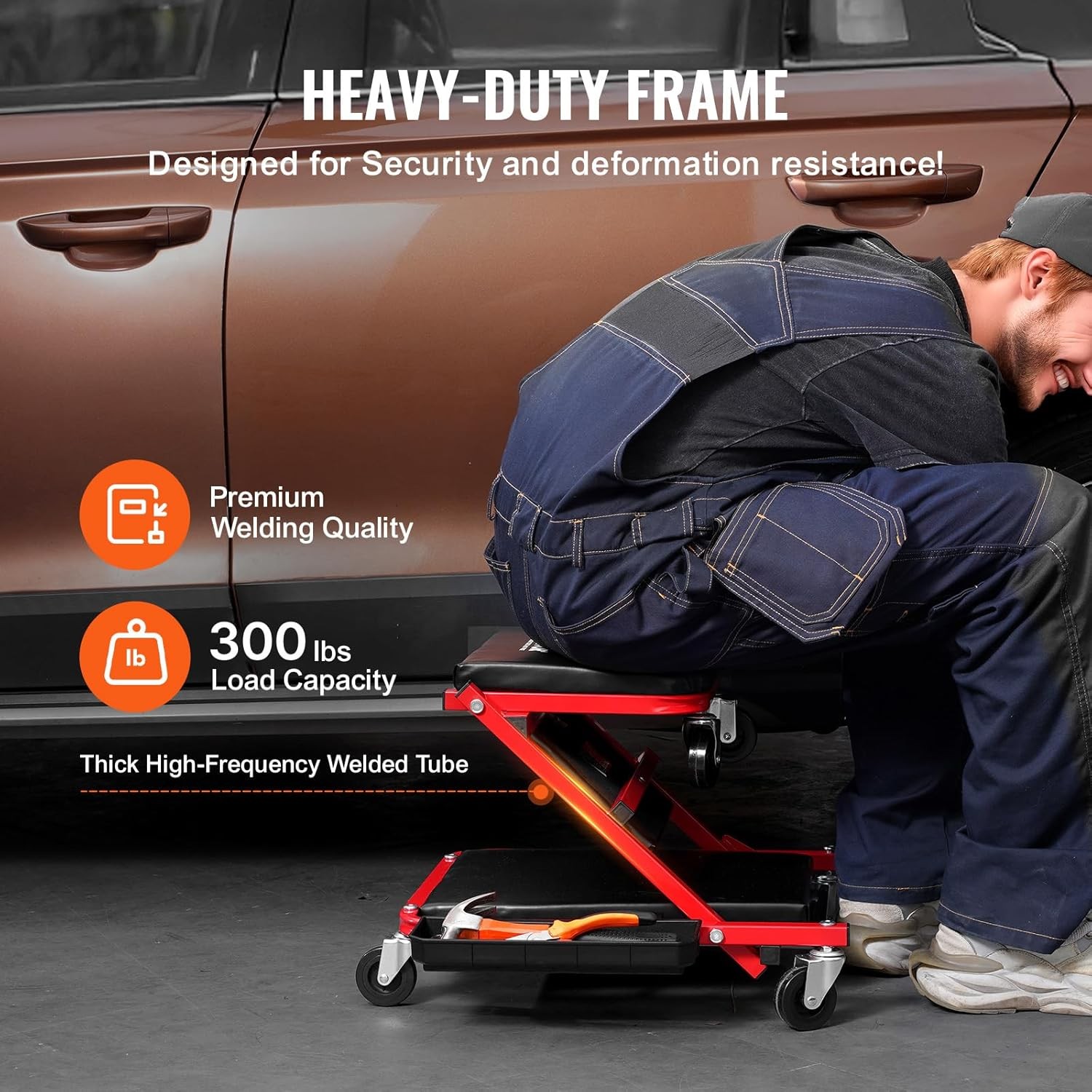 VEVOR Foldable Z Garage Creeper, 36 in, 300 lbs Load Capacity Rolling Red