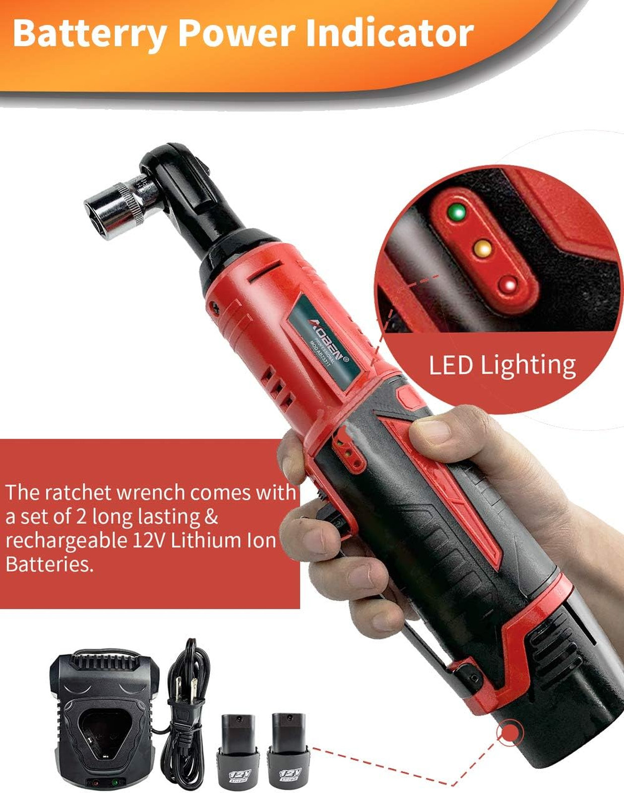 Cordless Electric Ratchet Wrench Set 3/8 Inch 12V Power Tool Kit with 2 Lithium
