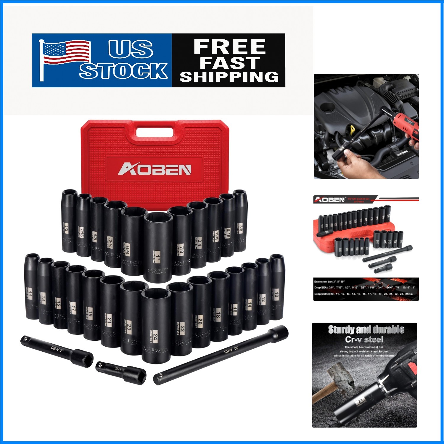 Professional 1/2-Inch Drive Impact Socket Set – Chrome Vanadium Steel, 29 Pieces