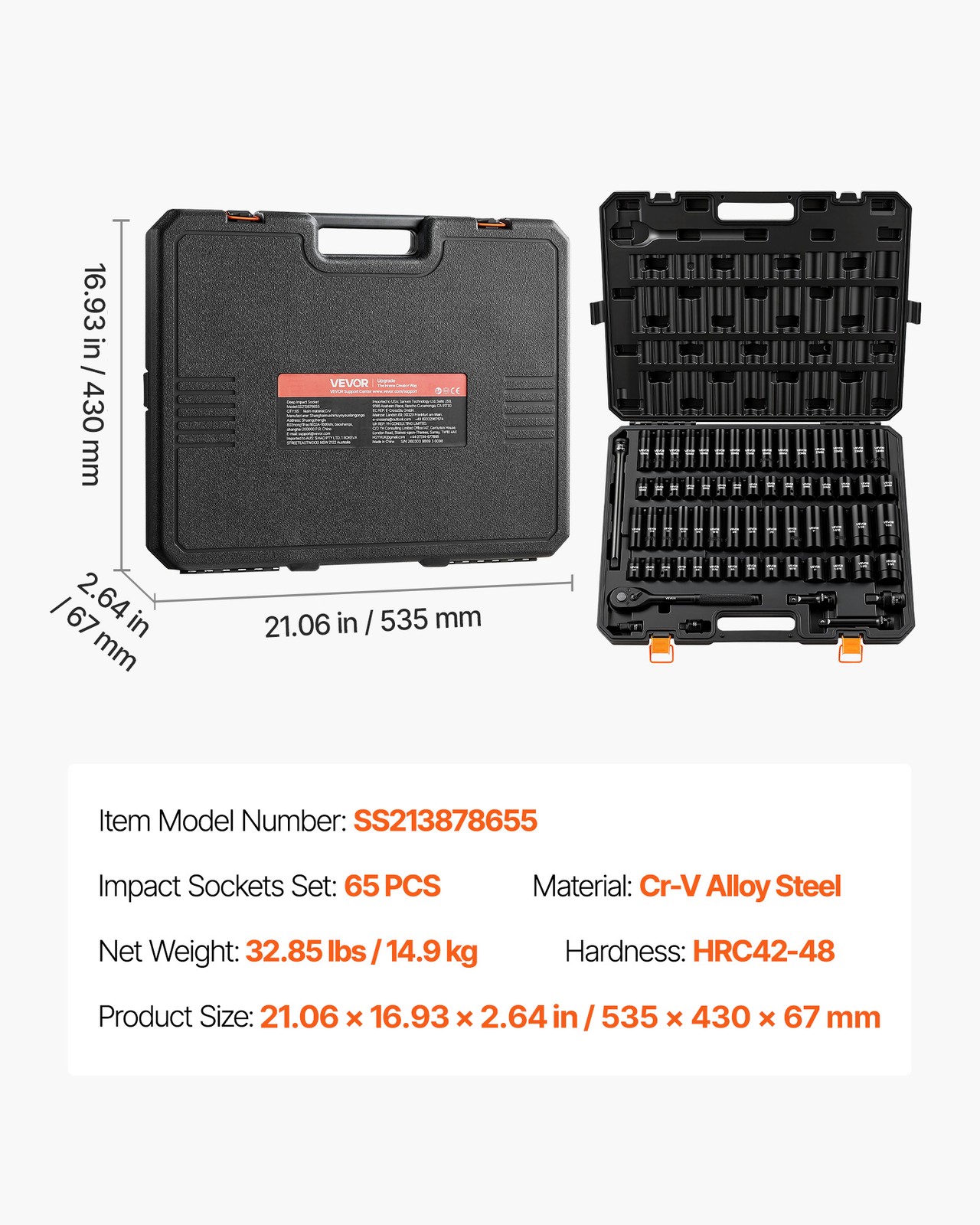 VEVOR Impact Socket Set 1/2″ Drive 65-Piece Socket Set 6-Point with Storage Case