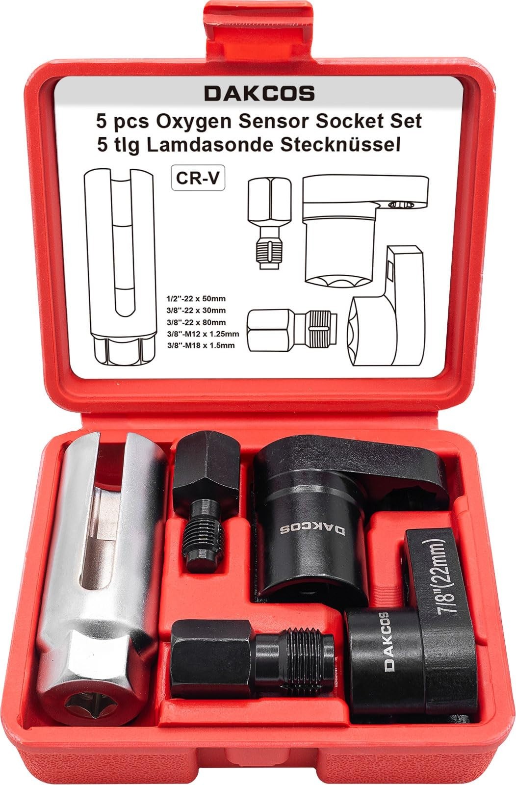 DAKCOS 5pcs Oxygen Sensor Socket Set, 1/2″ 3/8″ Drive 22mm(7/8″) Lambda Sensor