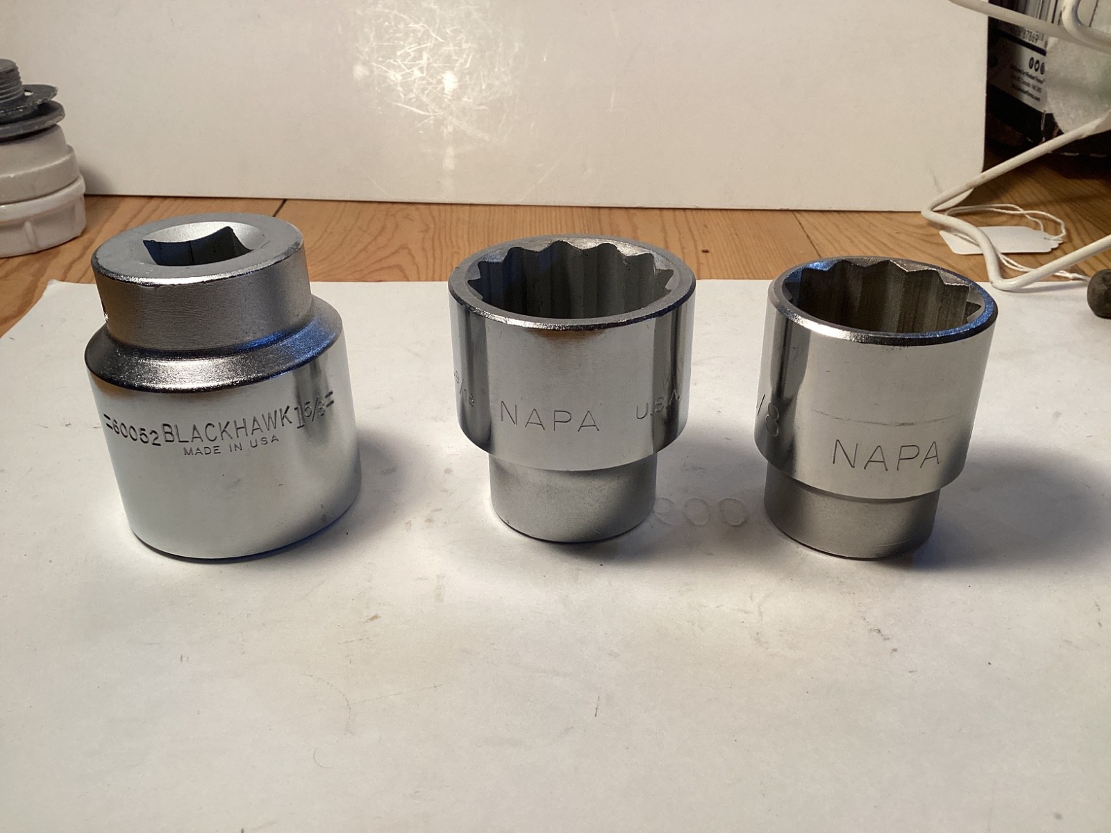 Lot New 3/4” drive Sockets 12 point Blackhawk 1 5/8”-Napa 1 9/16”-Napa 1 3/8”