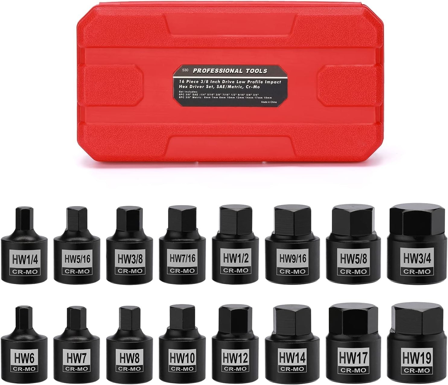 16 Pieces 3/8″ Drive Low Profile Hex Socket Set, Impact Allen Bit Socket, CR-…