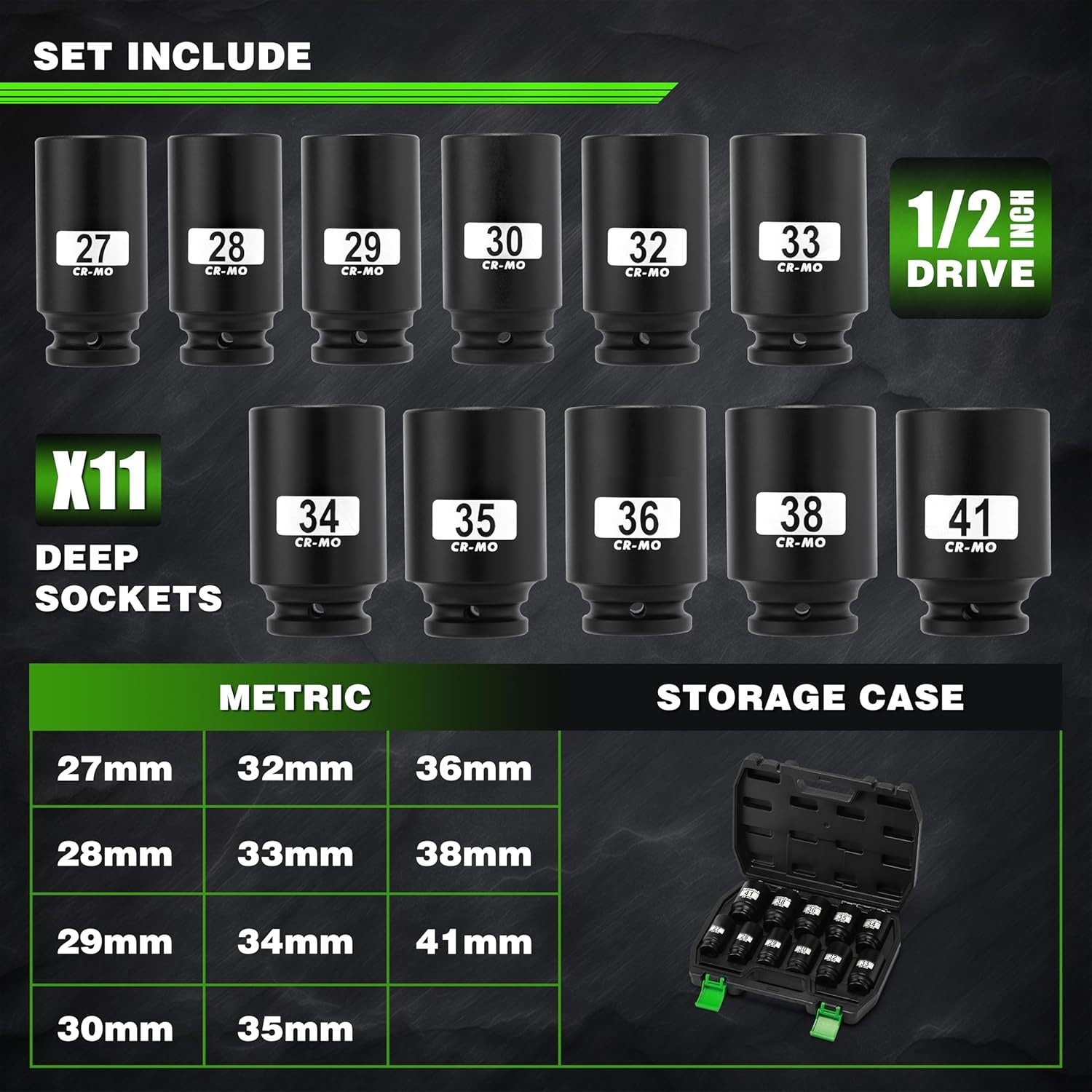 1/2″ Drive Deep 6-Point Impact Socket Set,11 PCS Metric Spindle Axle Nut Sockets