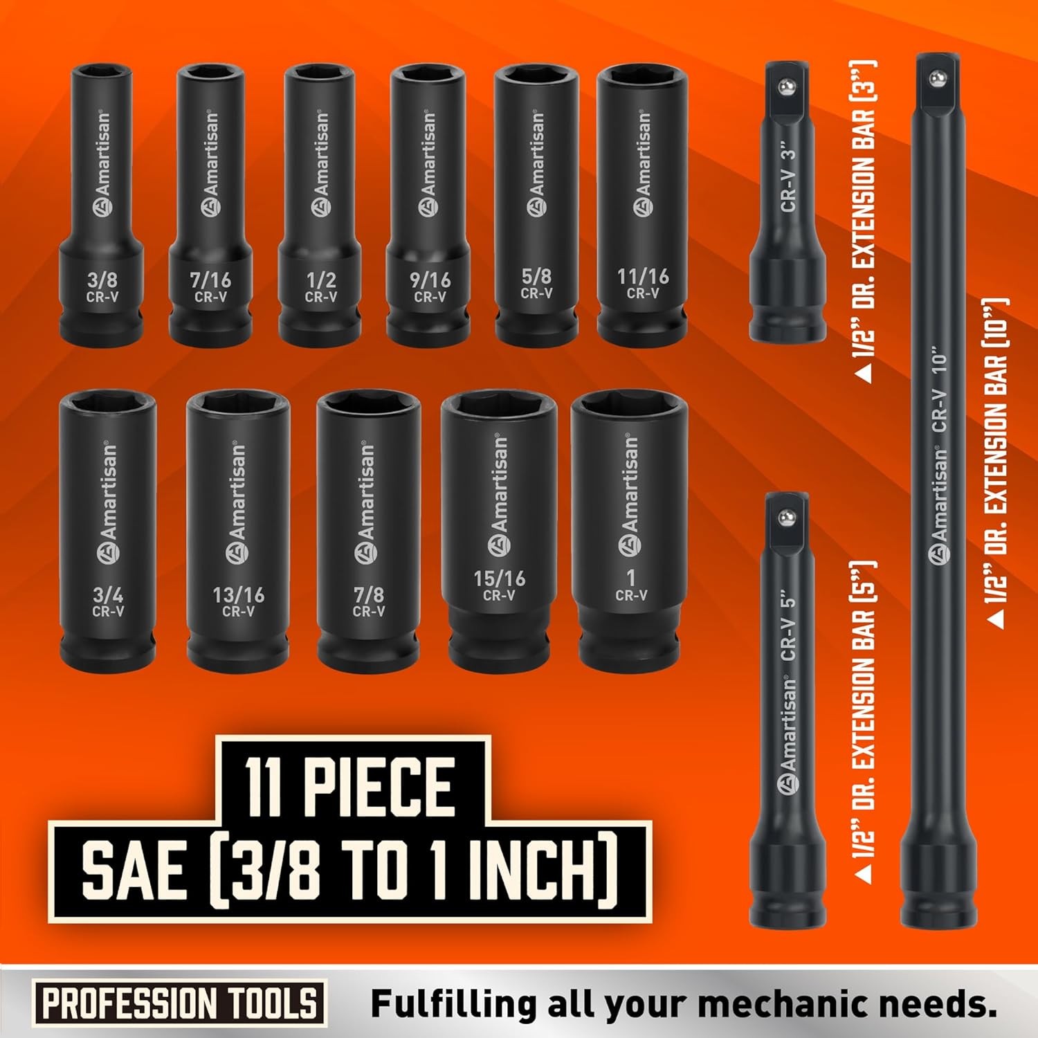Amartisan 29-Piece 1/2″ Drive Impact Socket Set, 6 Point, One Size, Black