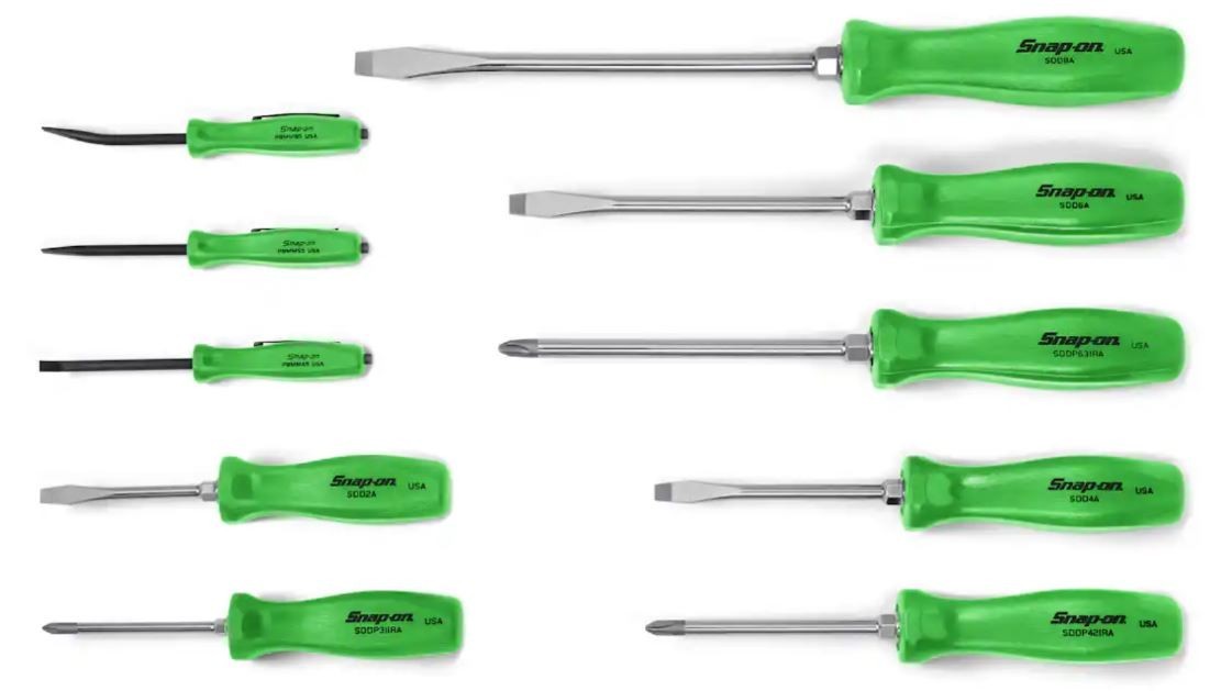 NEW Snap-On Tools USA SDDDPBX100G 10pc Screwdriver & Magnetic Pocket Pry Bar Set