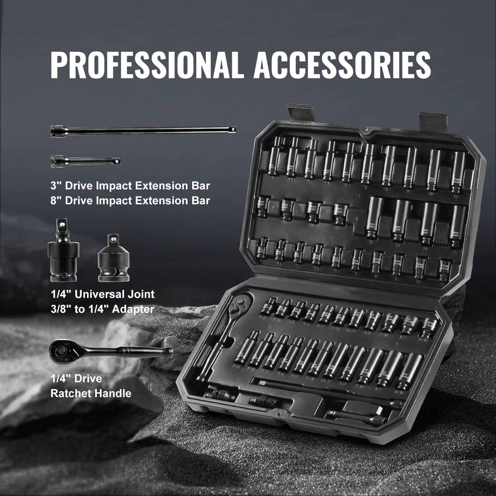 VEVOR Impact Sockets Set 55pcs 6-Point 1/4″ Drive Bit Ratchet Tool Kit Case