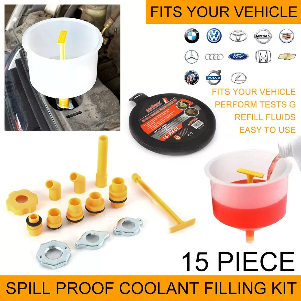 Spill Proof Radiator Coolant Filling Funnel Kit 15-pcs Cooling System fill kit