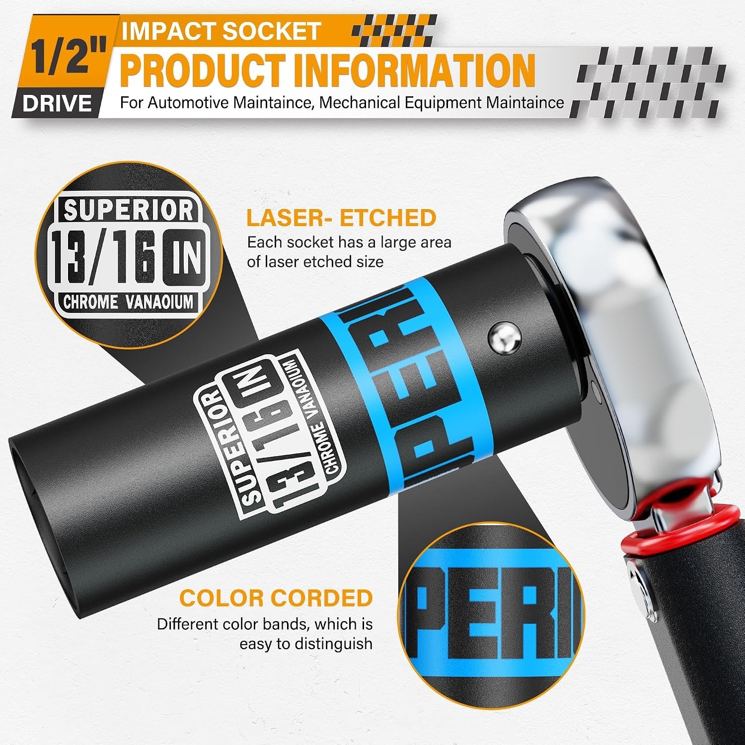 1/2″ Drive Impact Socket 13/16 Inch Deep Socket 6 Point CR-V