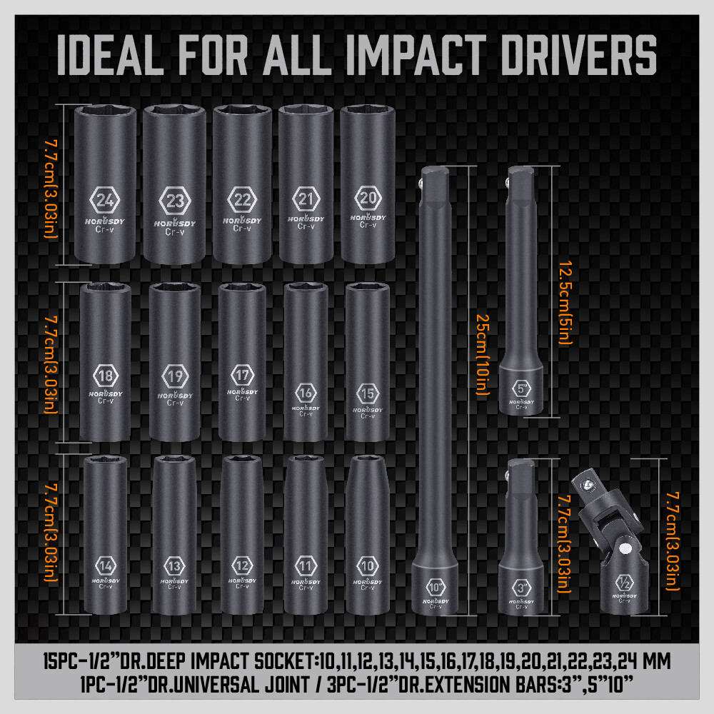 1/2-Inch Drive Deep Impact Socket Set Metric CR-V 6 Point 19PC 10mm – 24mm Case