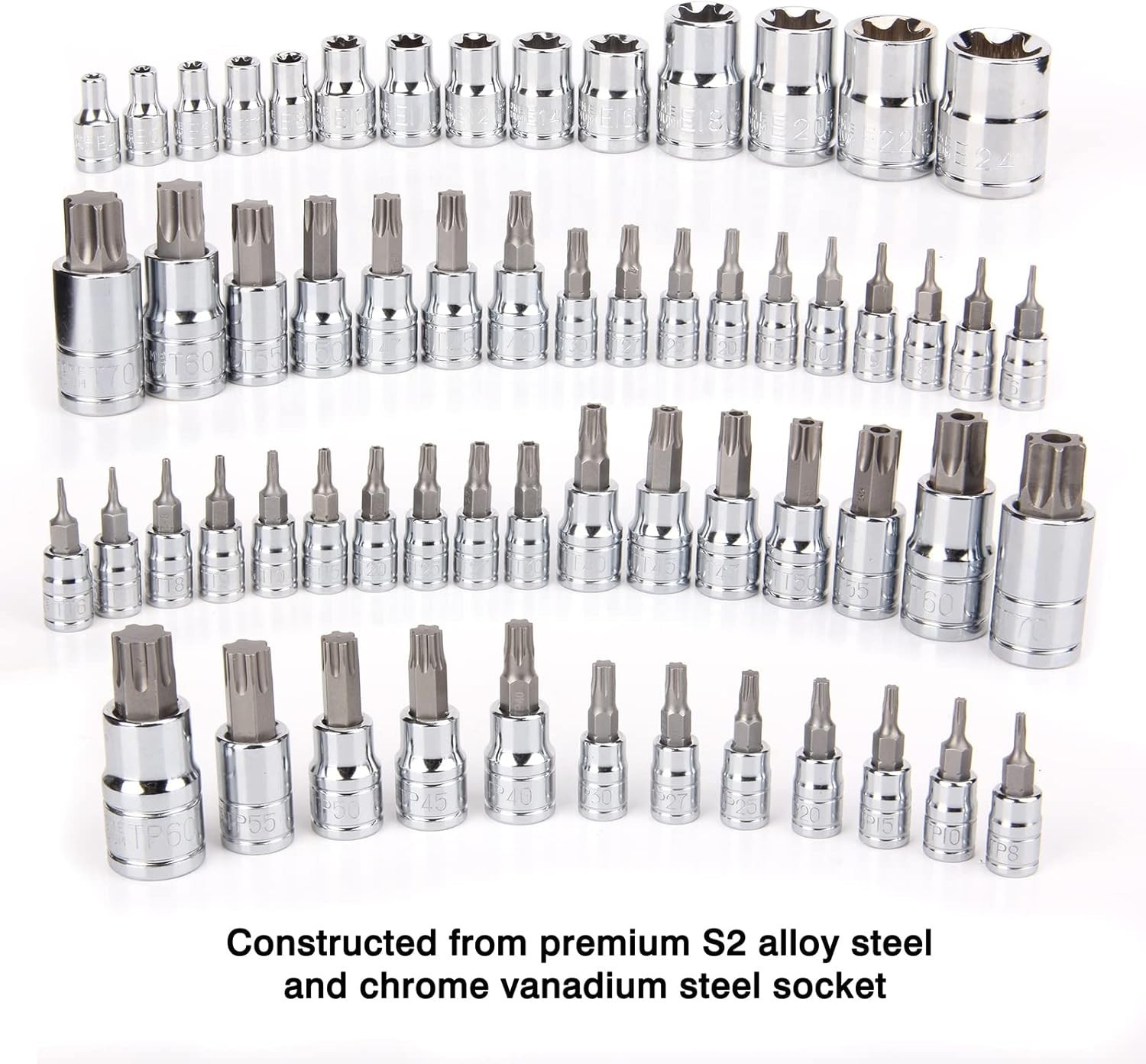 60-Piece Master Torx Socket Set – S2 & Cr-V Steel, E4-E24, T6-T70, TP8-TP60