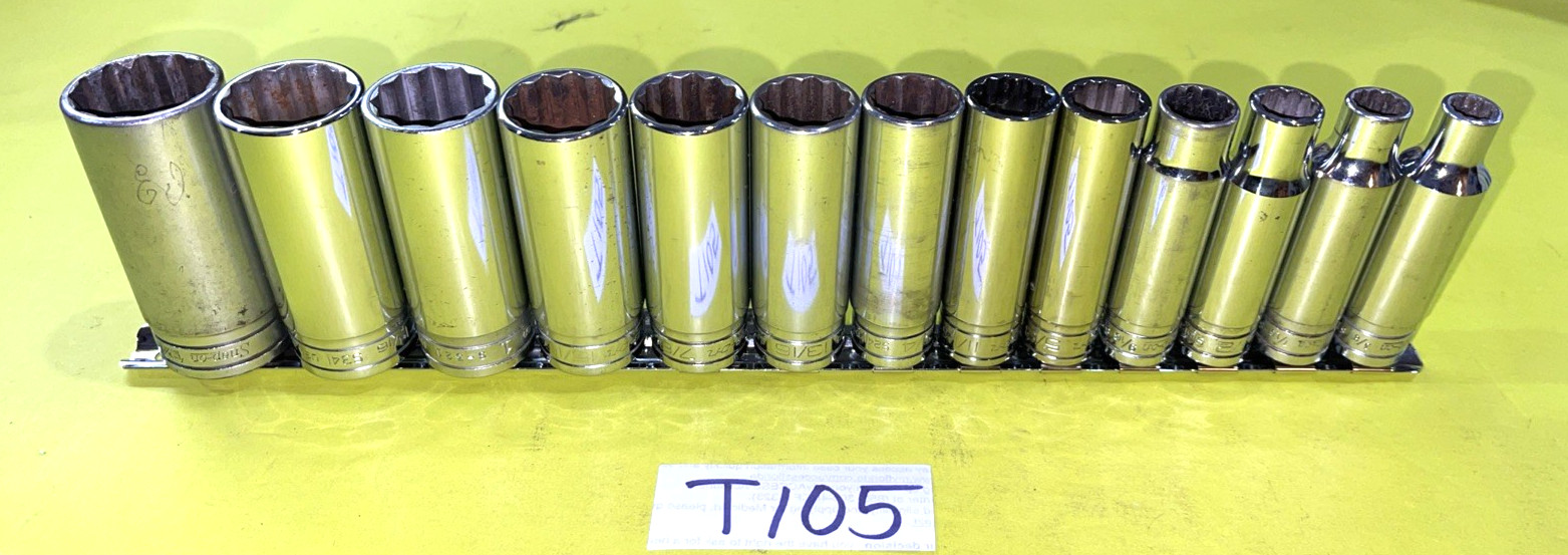 SNAP-ON TOOLS 13 PIECE 1/2 DR. SAE. DEEP CHROME SOCKET SET 12 POINT 3/8 TO 1-1/8