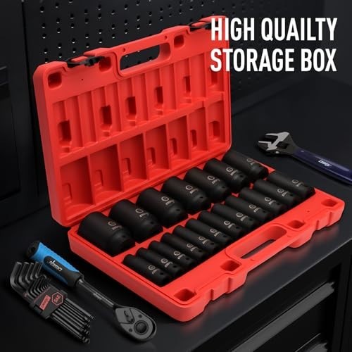 19 Pcs 1/2″ SAE Impact Socket Set – Deep 6-Point Cr-V & Alloy Steel, Durable Cas