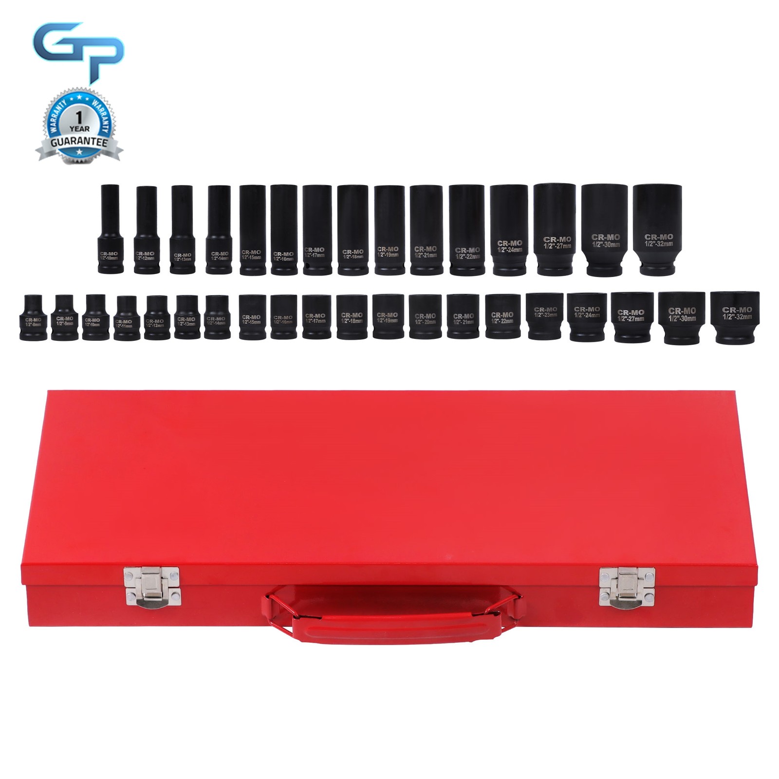 35Pcs 1/2″ Inch Deep Impact Socket Set Drive Metric Garage Sae 8mm-32mm