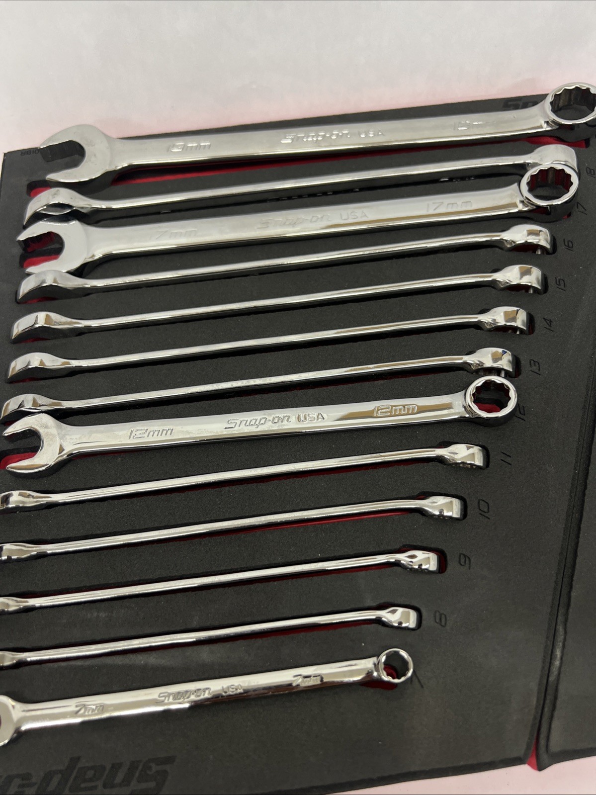 SNAP ON TOOLS 13Pc Metric Combination Wrench Set RED Foam Organizer 7mm-19mm