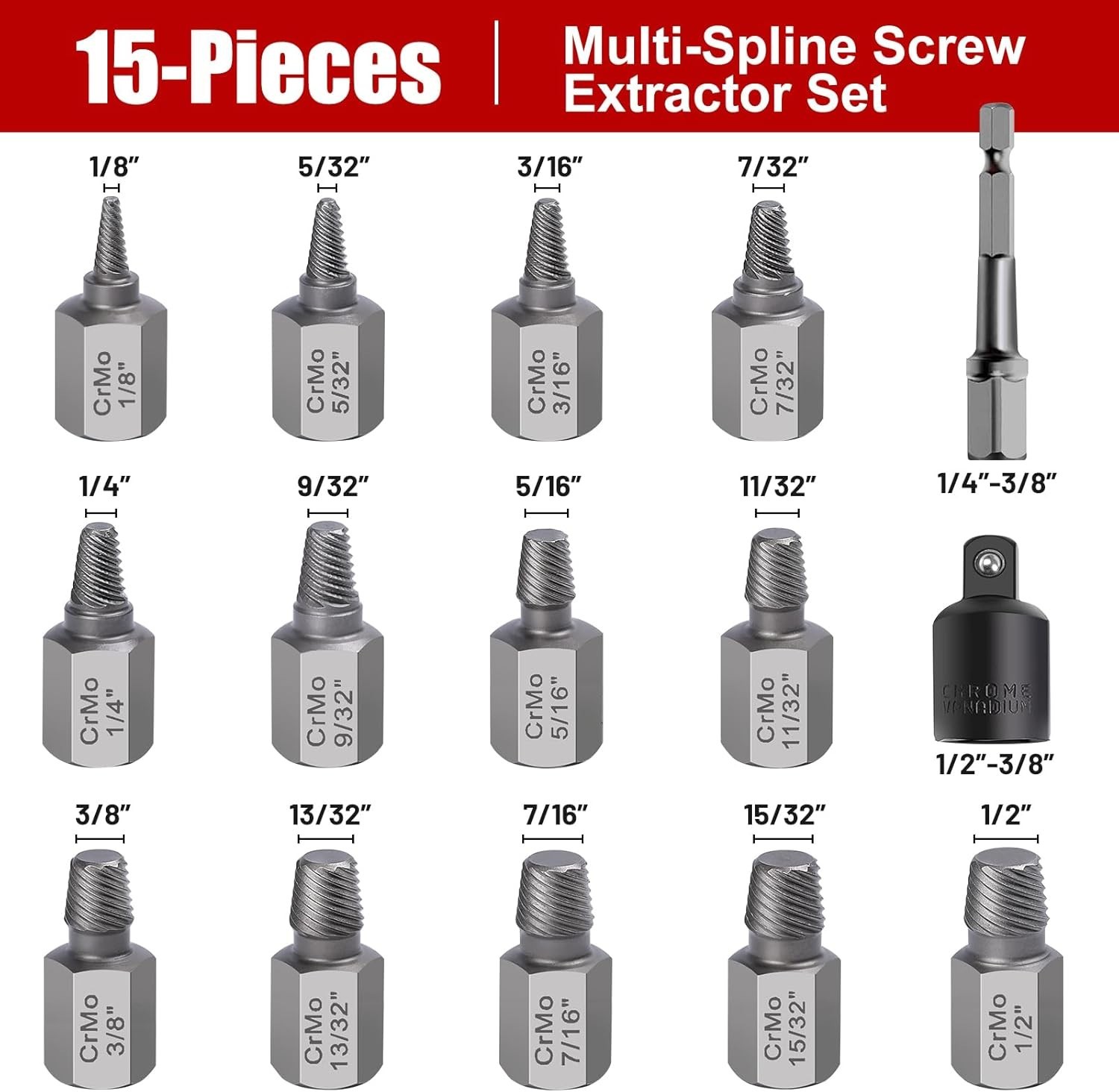 15-Piece Screw Extractor Set for Effortless Removal of Stripped Bolts & Screws