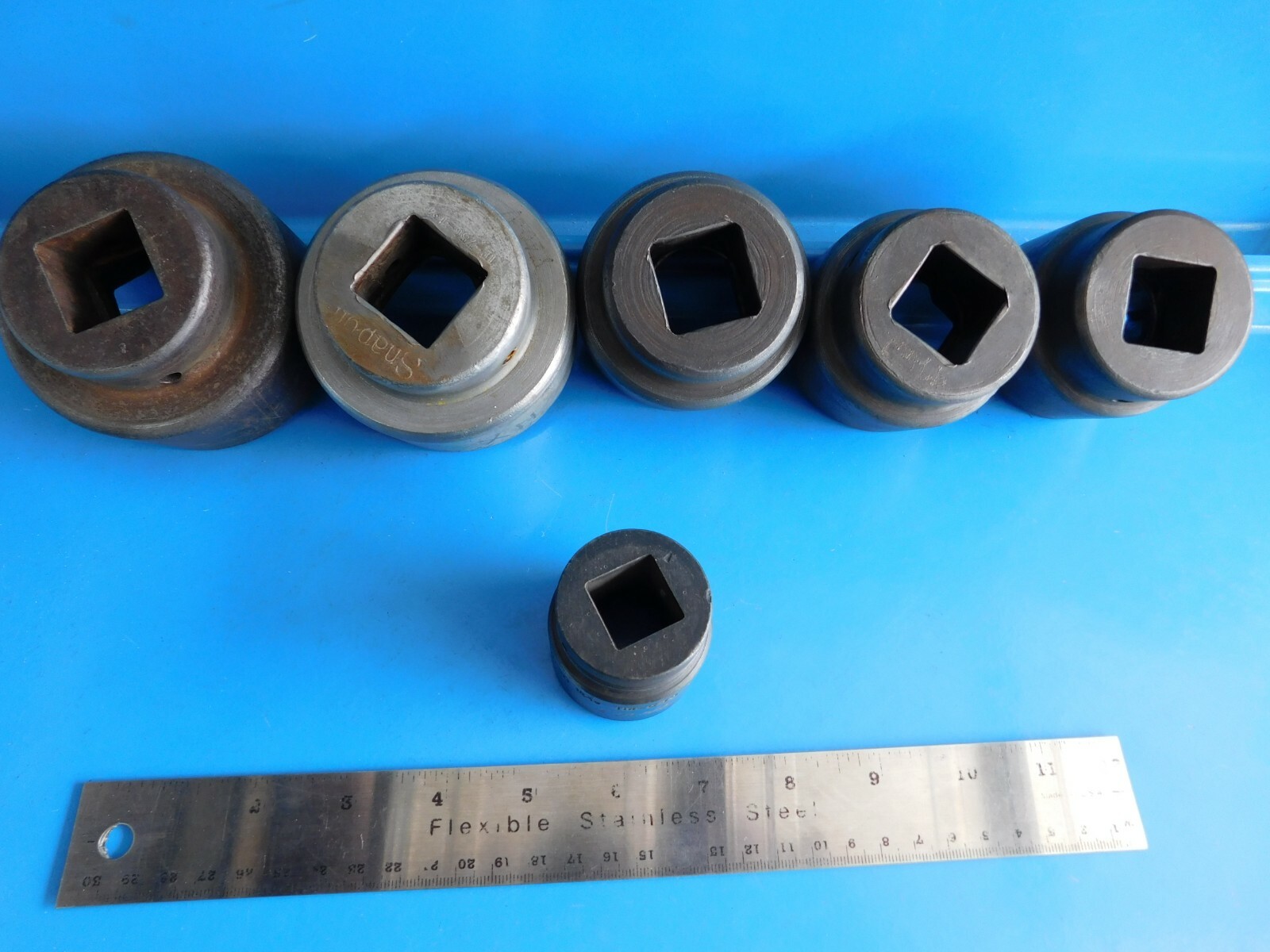 USED, SNAP ON » DOUBLE SQUARE SHORT SOCKETS» 8 PT. LOT OF 6, 3/4 & I INCH DRIVE