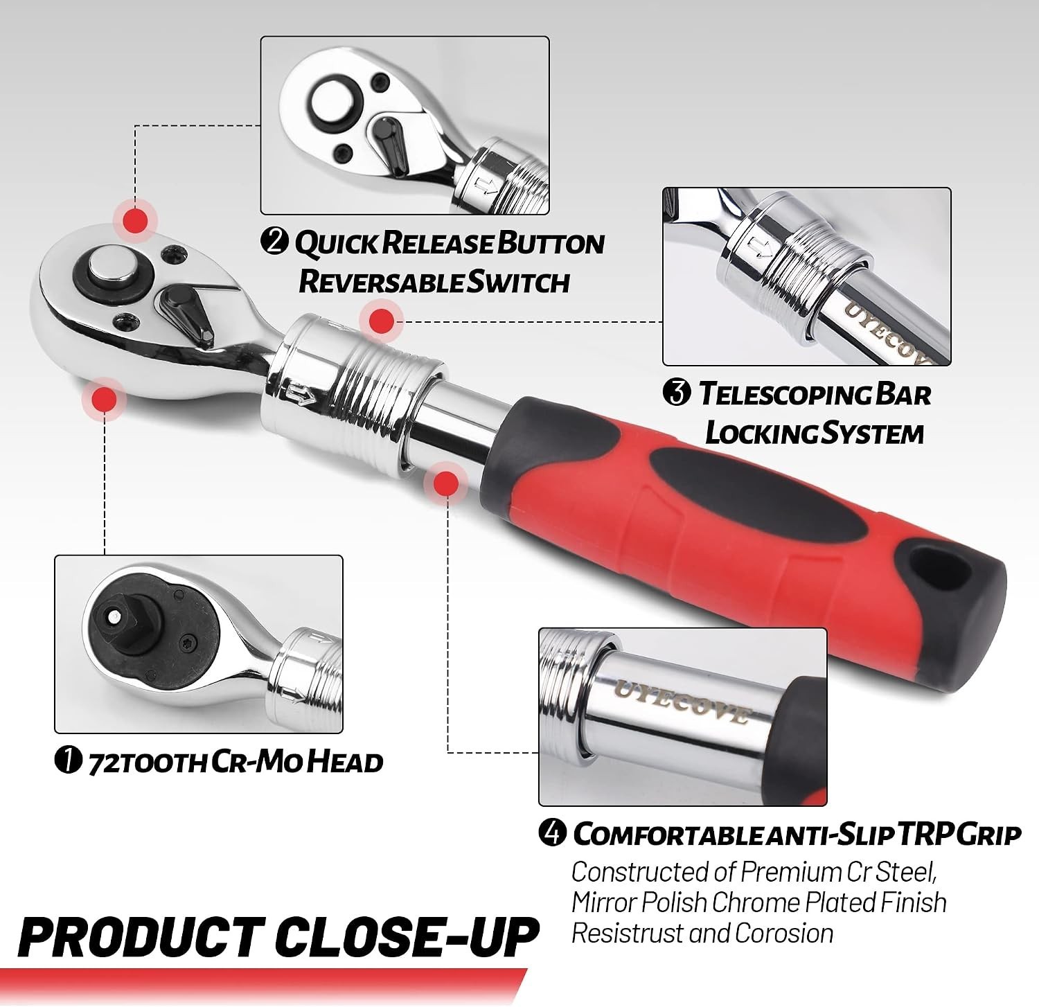 Extendable Lockable Flexi Head Ratchet Set 1/4 3/8 1/2 72 TOOTH Welzh Werkzeug