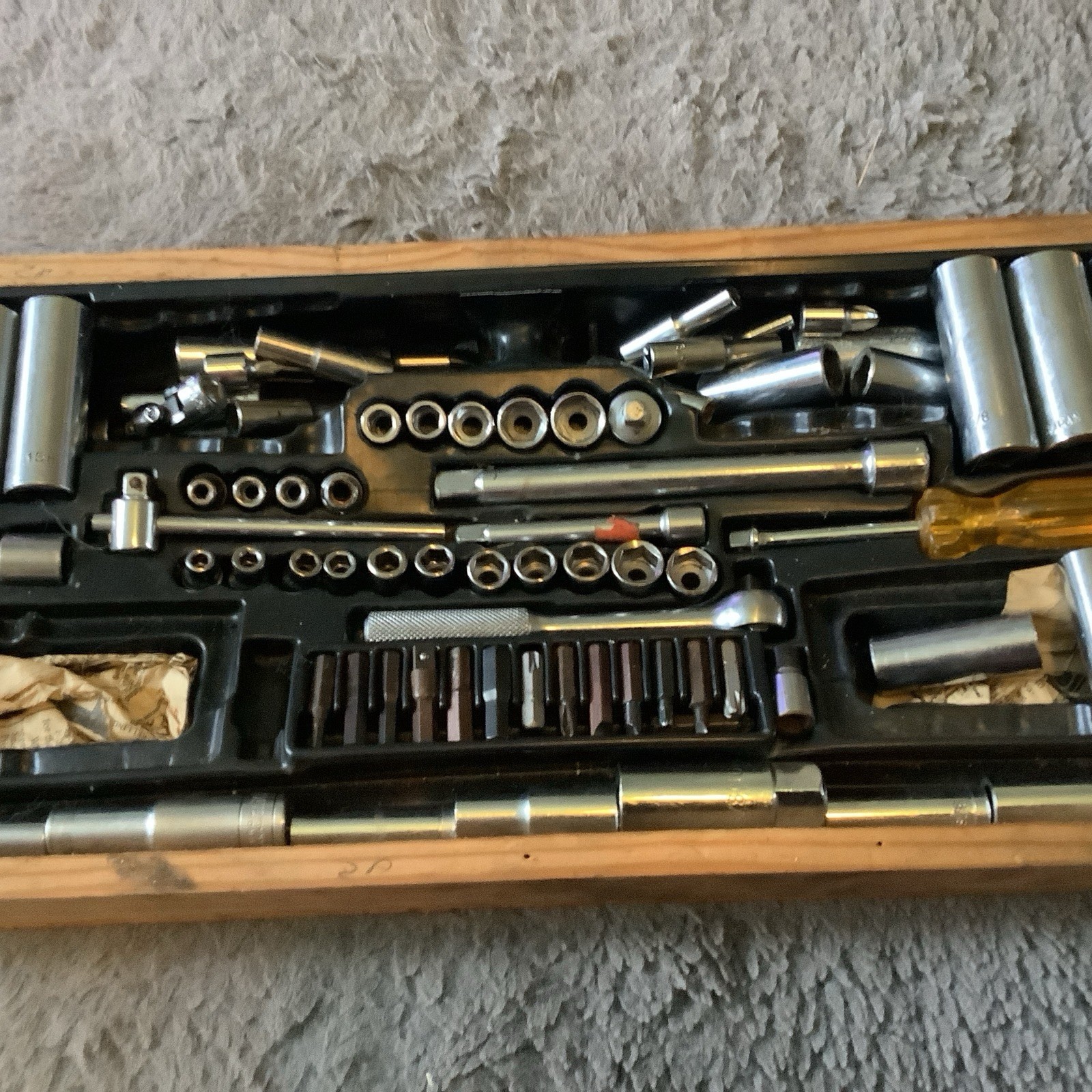 Lot Of Vintage Sockets In Wood Tray Metric & Imperial Approx 65 Pieces See Pics