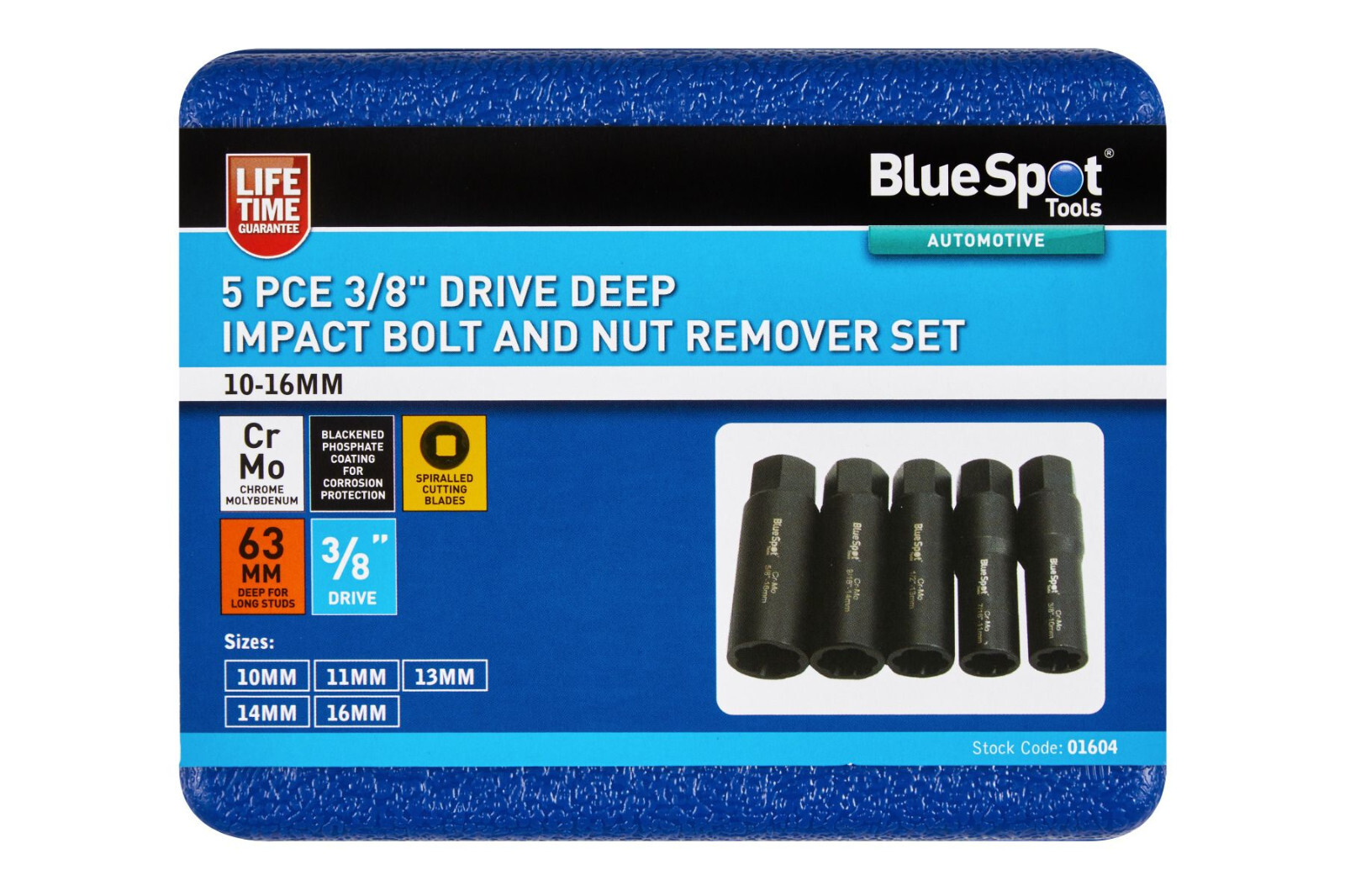 Blue Spot 3/8»D Deep Impact Bolt & Nut Remover Set 10-16mm Damaged Nuts MD1
