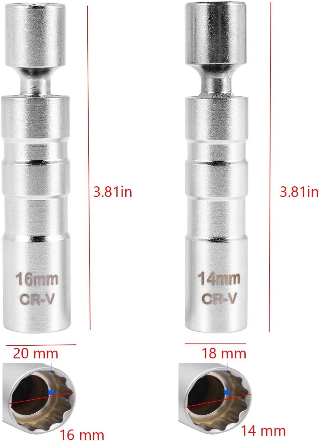 14mm&16mm Magnetic Swivel Spark Plug Sockets, Thin Wall 3/8 Inch Drive 12-Poi…
