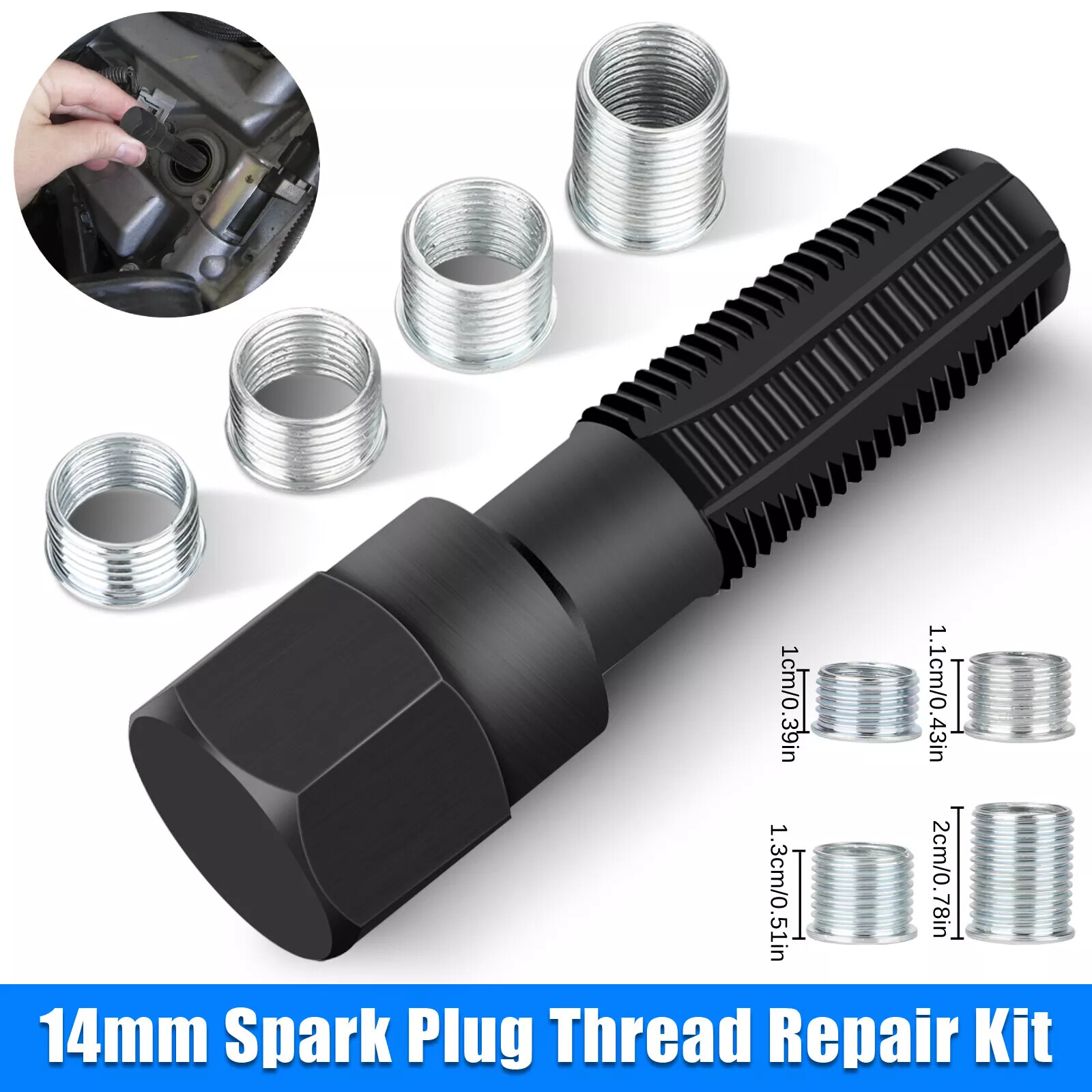 14mm Spark Plug Rethread Thread Repair Kit Helicoil Reamer Tap Tool w/ 4 Inserts