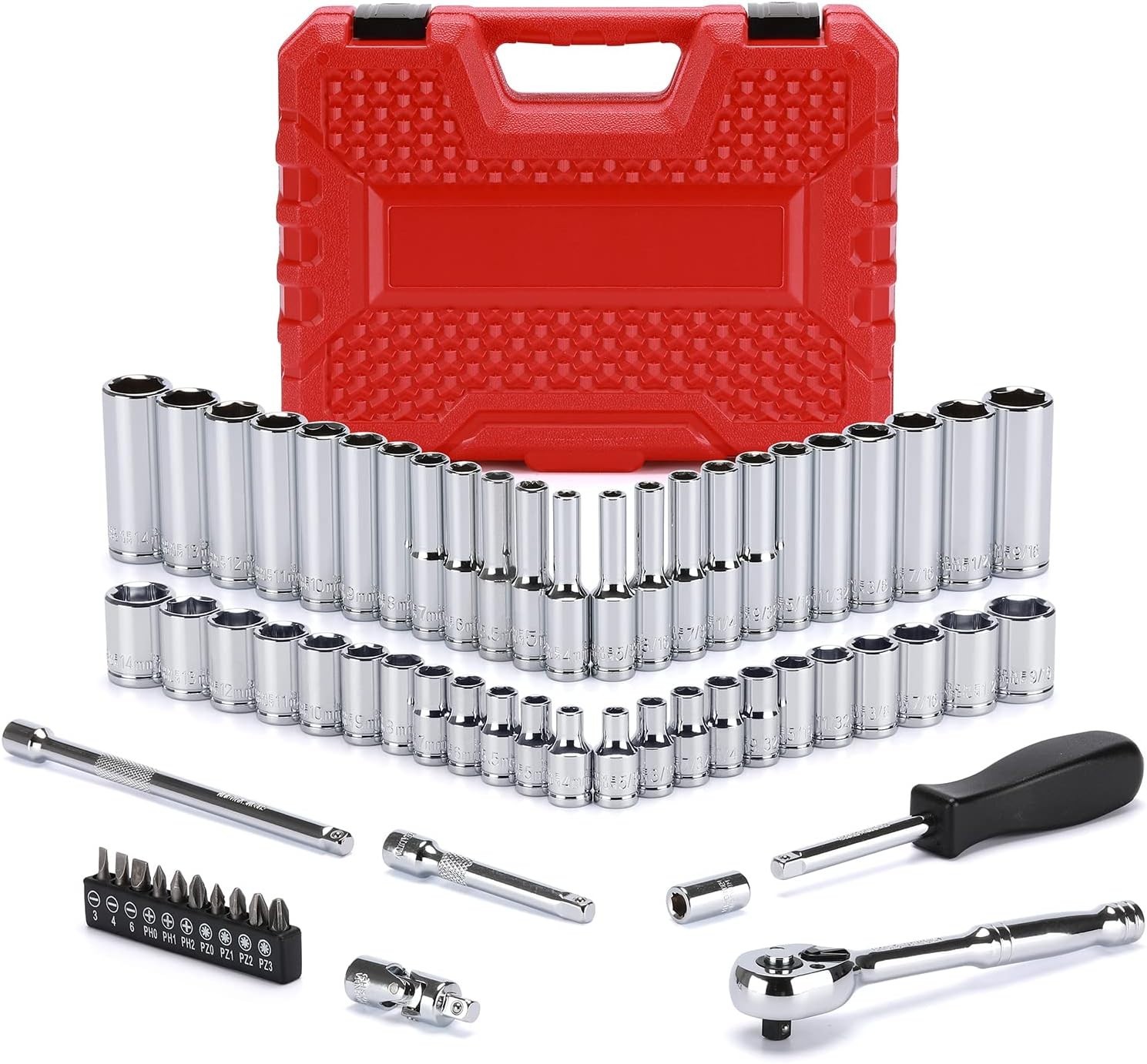 62 Pieces 1/4 Inch Drive Socket Set, SAE/Metric, 1/4″ Dr. Socket Set with Rat…