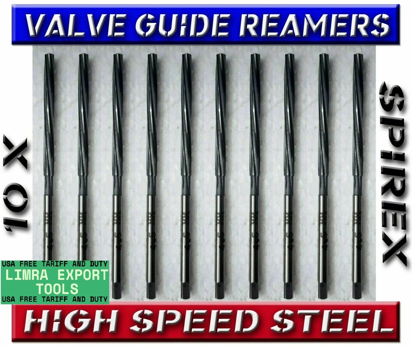 10 x VALVE GUIDE REAMER KIT 4.5,5,5.5,6,7,8,9,10,11/32″,3/8″ LONG FLUTE SPIREX