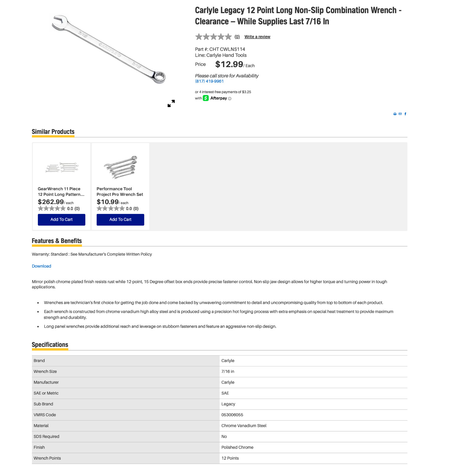 Carlyle 4 Pc Long SAE Combination Wrench Set 7/16 1/2 11/16 3/4 12 Point NEW!