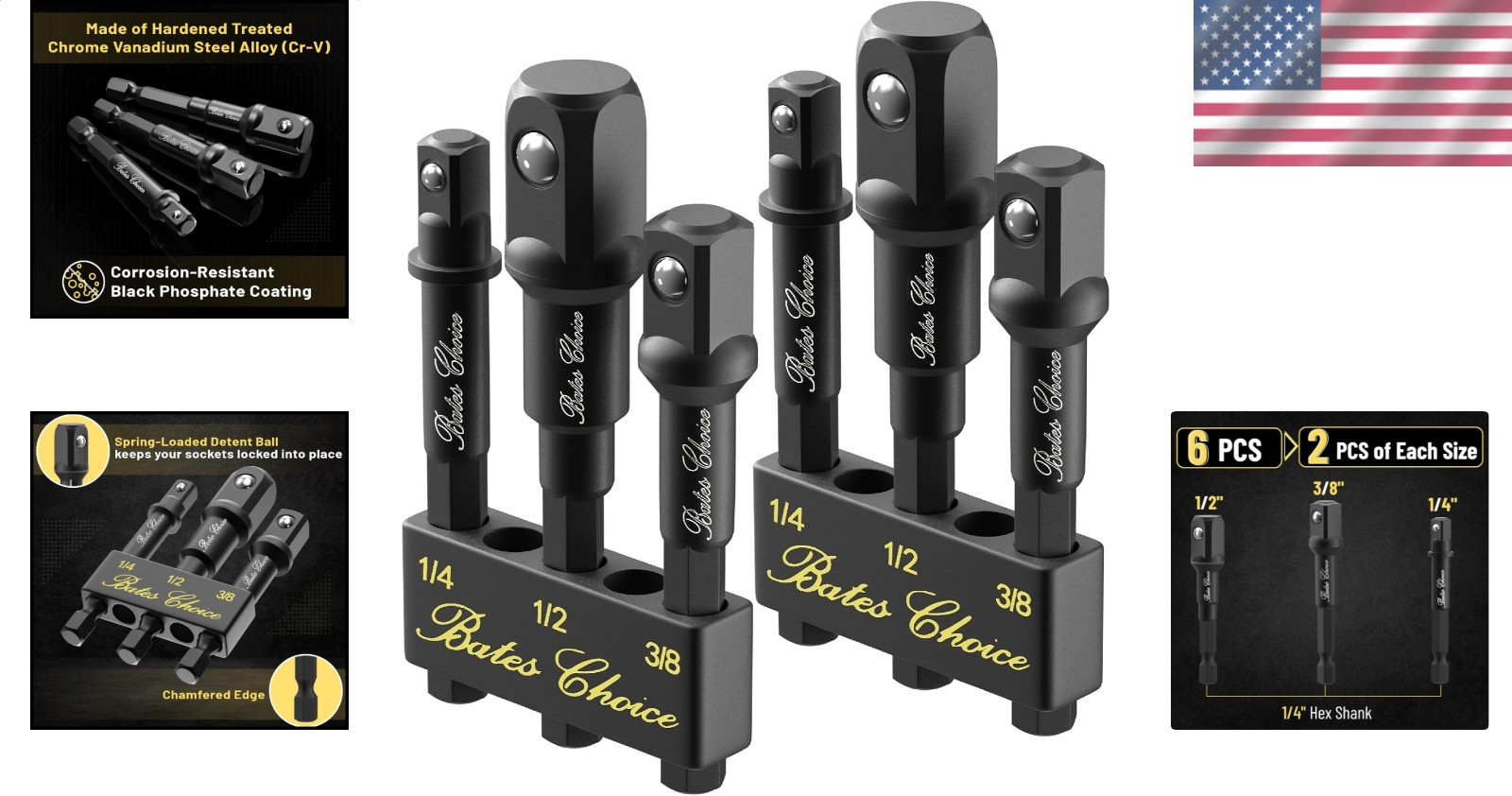 Hex Shank Impact Driver Adapter Set 6 Piece Bates Cr-V 1/4 3/8 1/2 Tool Durable