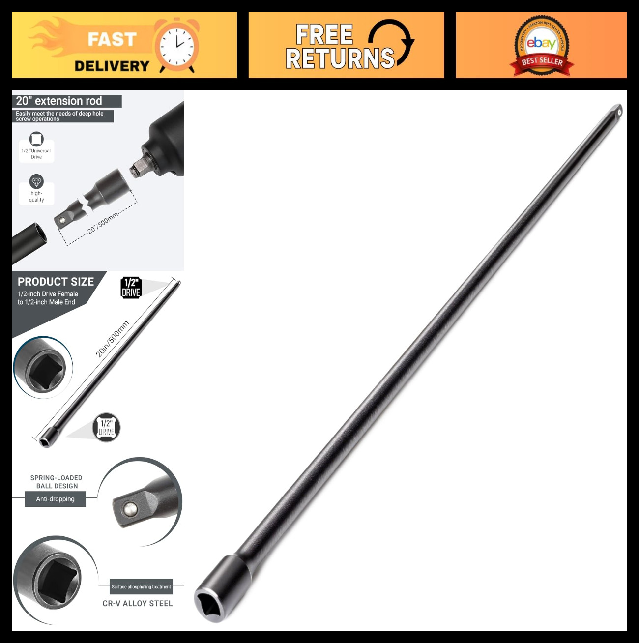 1/2″ Drive Impact Extension Bar, 20″ Long Socket Wrench Extender, Cr-V Steel Too