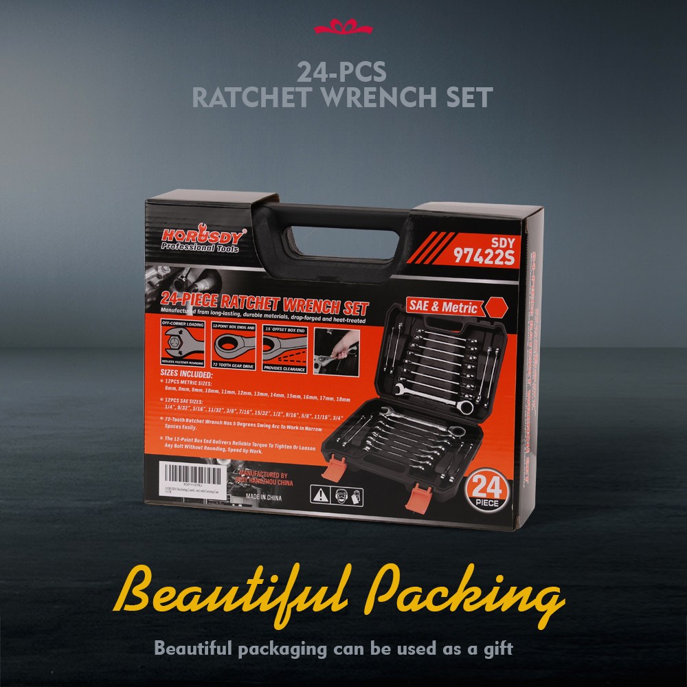 20pc Flat Ratcheting Wrench Combination Spanner Tool Set SAE & Metric With Case