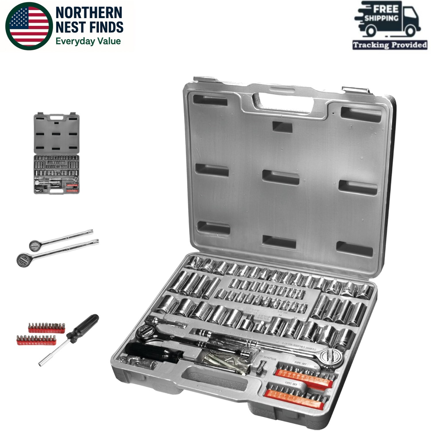 100-Piece Professional Socket and Bit Set – SAE/Metric Ratchet Collection