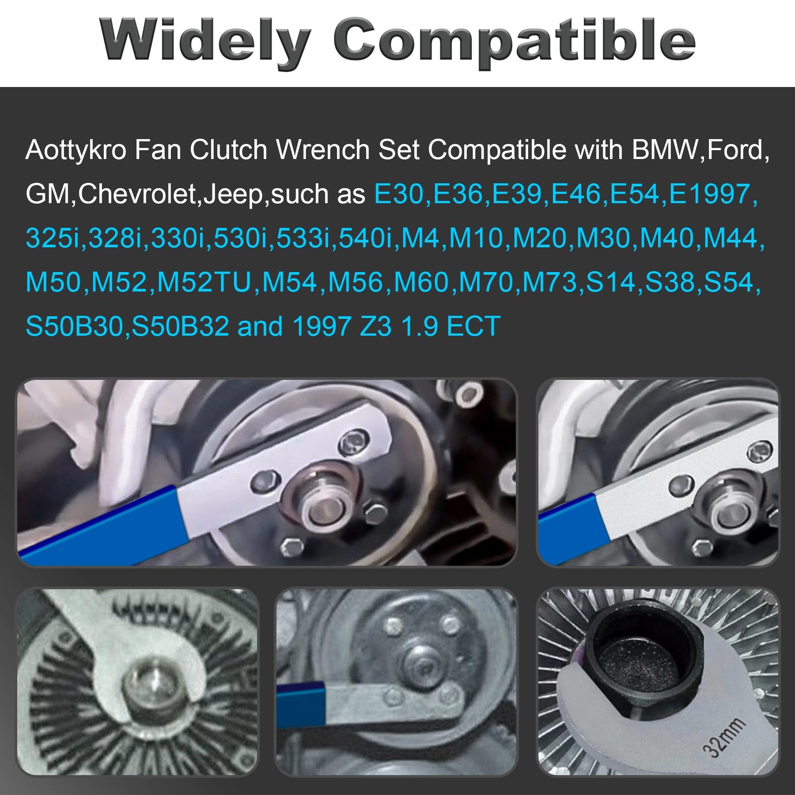 Fan Clutch Removal Tool Kit,32mm & 36mm Wrench Set with Water Pump Pulley Hol…