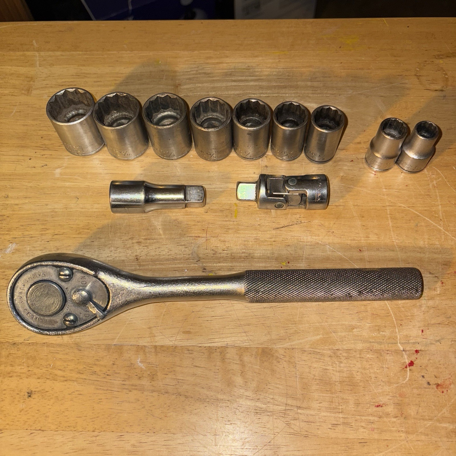 Penens Corp 1/2″ ratchet & Socket set with Extension & Swivel- missing 9/16