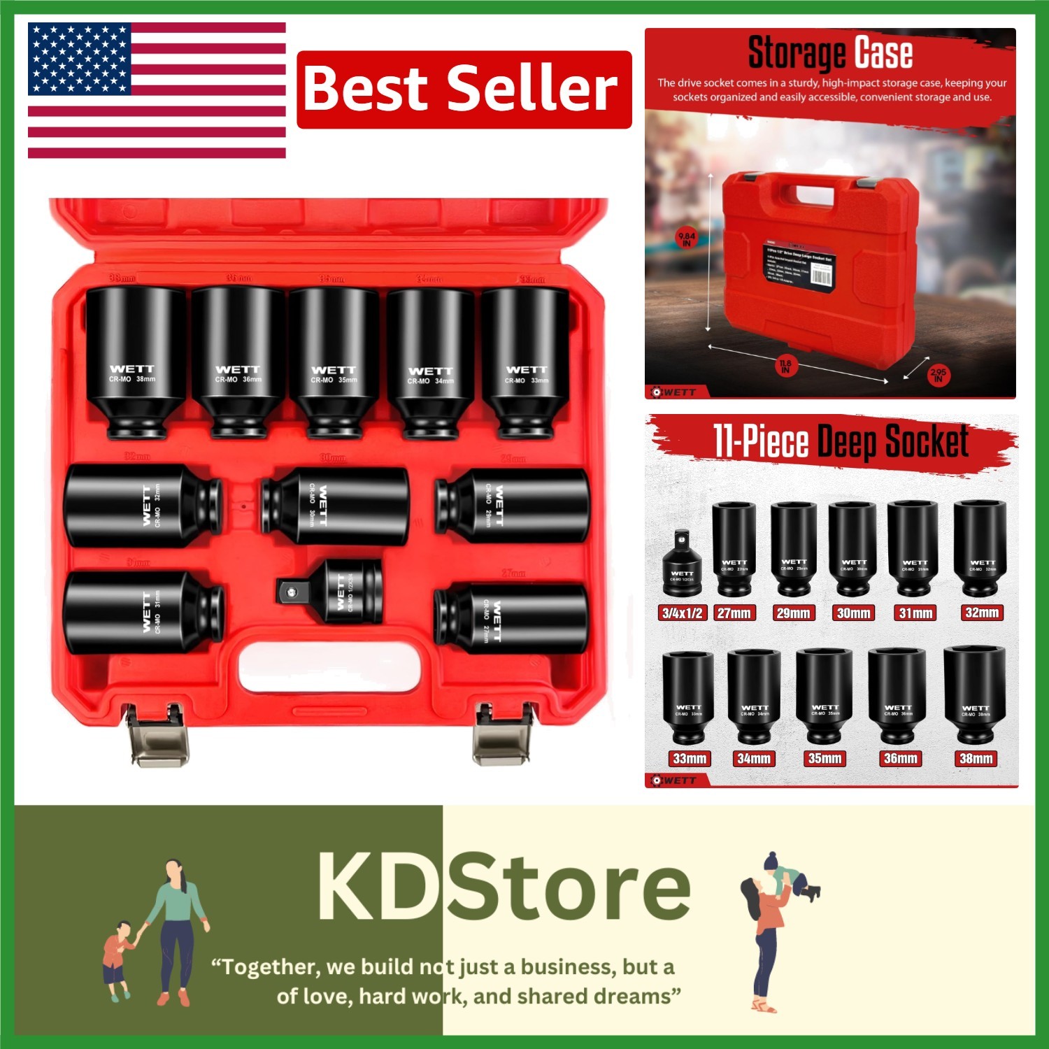 11-Piece 1/2″ Drive Deep Impact Socket Set with Chrome Molybdenum Steel & Pro…