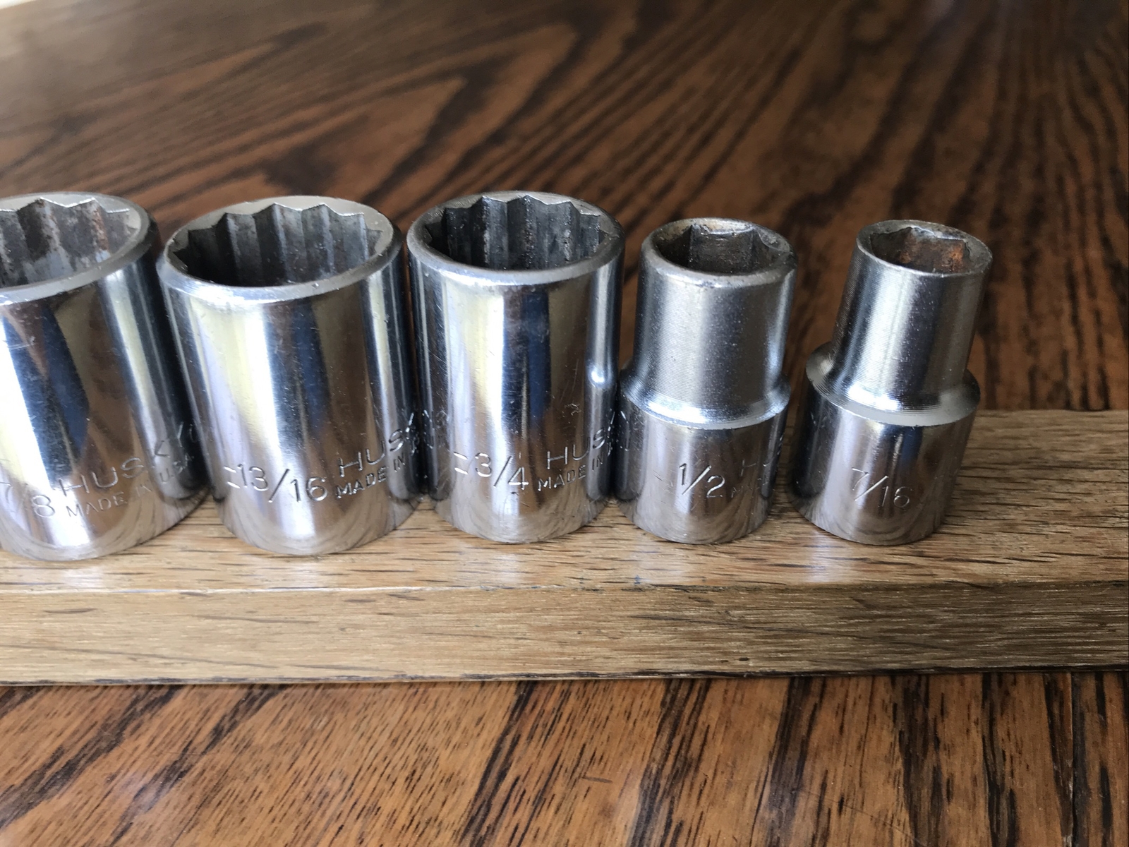7 Vintage USA Husky Sockets With 1/2” Drive 1” To 7/16” AF CT Series.