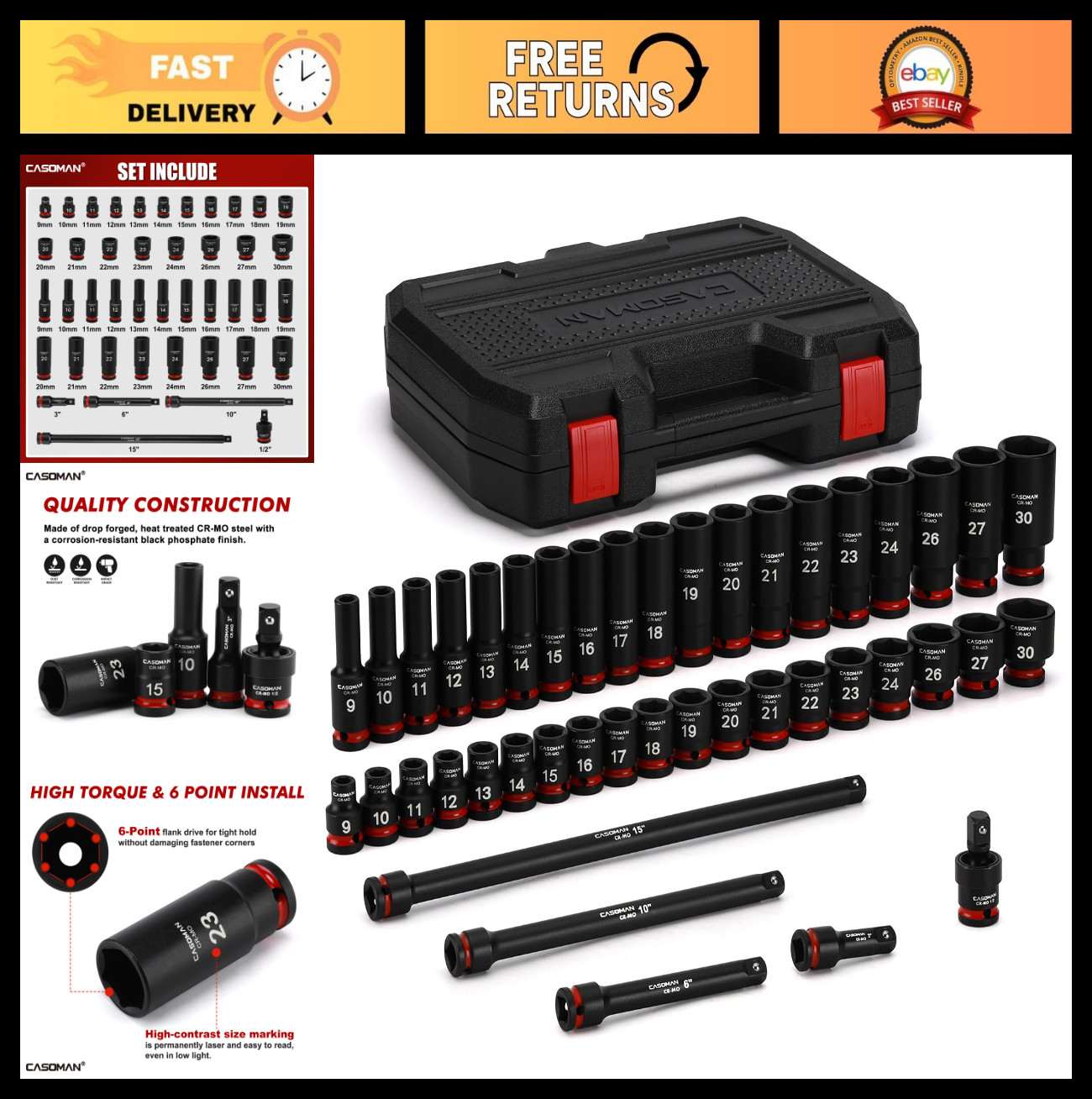 43-Piece 1/2″ Drive Impact Socket Set – Deep & Standard, 6-Point, Metric 9mm-30m