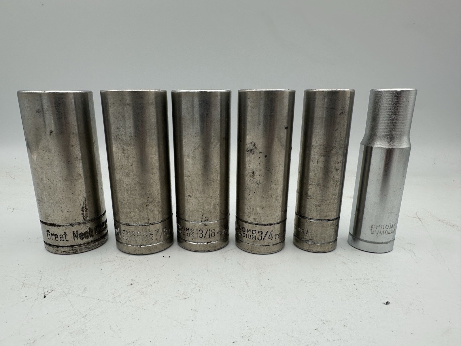 Great Neck Deep Socket Lot 1/2” Drive Sizes: 15/16, 7/8, 13/16, 3/4, 9/16, 1/2