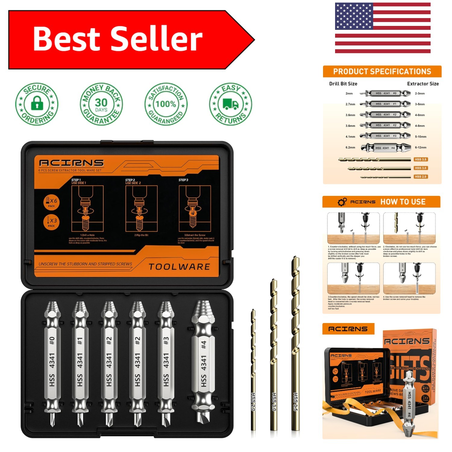 Durable High-Speed Steel Screw Extractor Set – Perfect for Fathers Day Gifts
