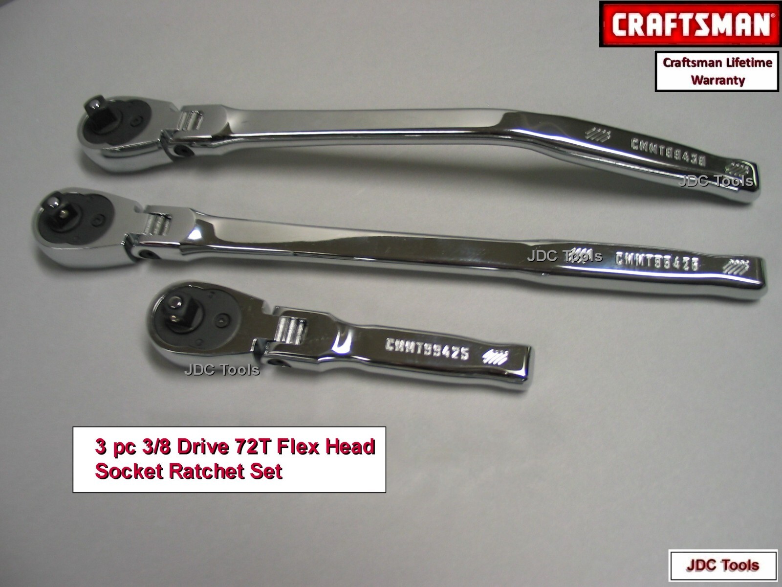 CRAFTSMAN 3 pc RATCHET SET 3/8 DRIVE ALL FLEX HEAD 72T – LONG – STUBBY – OFFSET