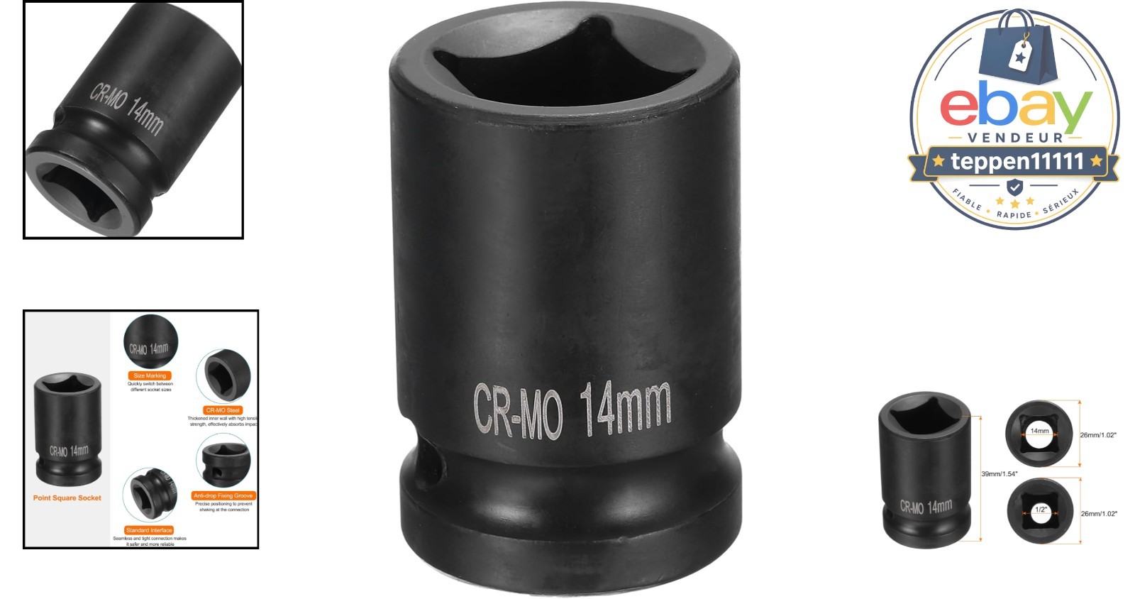 4 Point Square Socket 1/2″ Drive 14mm Impact Socket CR-MO Blackening