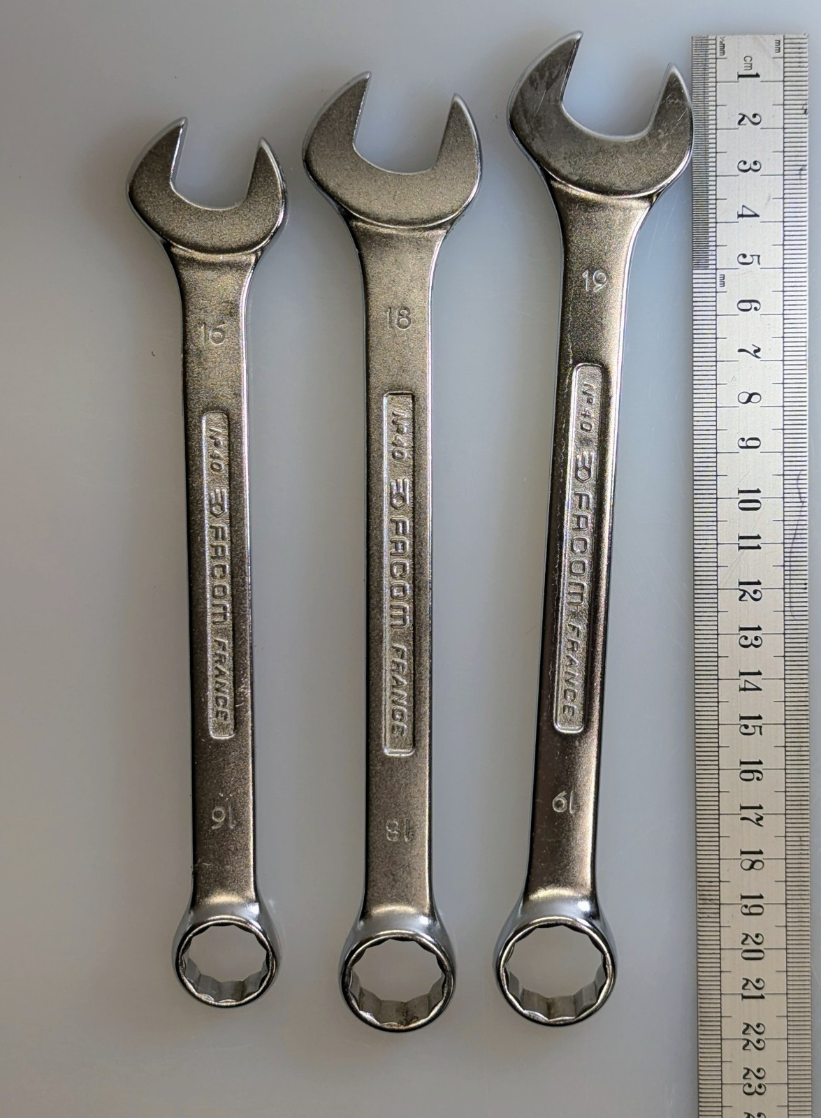 Three Facom France Combination Metric Wrenches sizes: 19, 18, 16