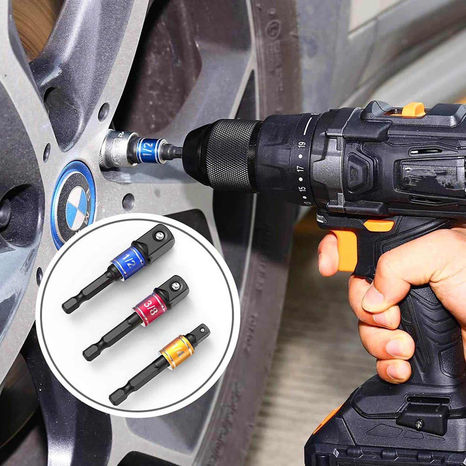 Versatile 1/4, 3/8, 1/2 Inch Hex Socket Adapters with Right Angle Extension Tool