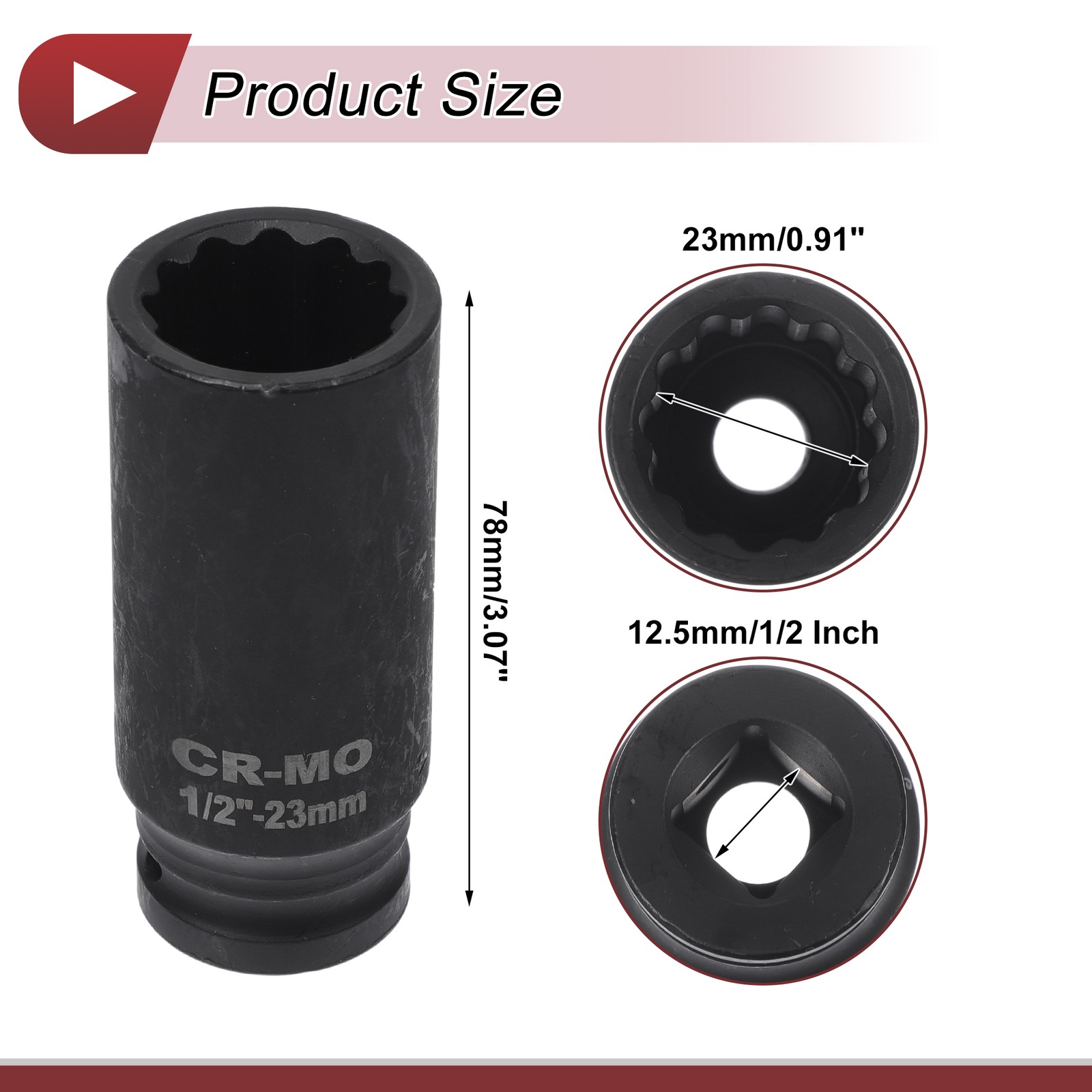 Universal 1/2 Inch Drive Impact Socket 23mm 12 Point High Carbon Steel 1 Pcs