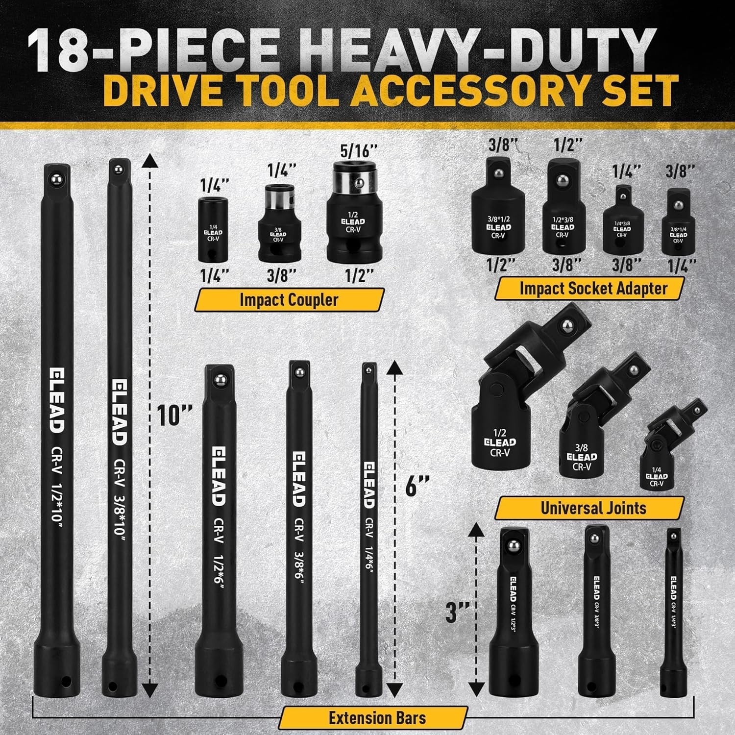 Professional 18-Piece Impact Socket Extension Set with Easy-Access Storage Case