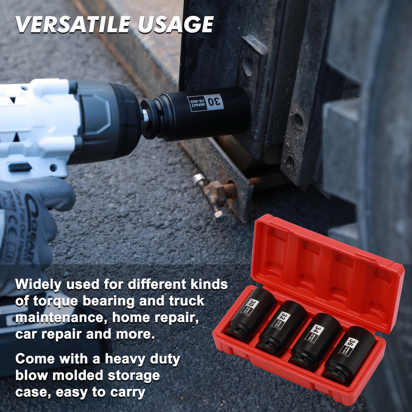 1/2″ Drive Deep Spindle Axle Nut Impact Socket Set,12 Point CR-MO, 30,32,34,36mm